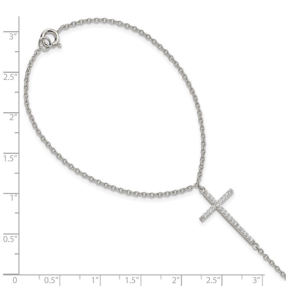 Sterling Silver Rhod-Plated Polished Cz Cross Attached Ring/Bracelet