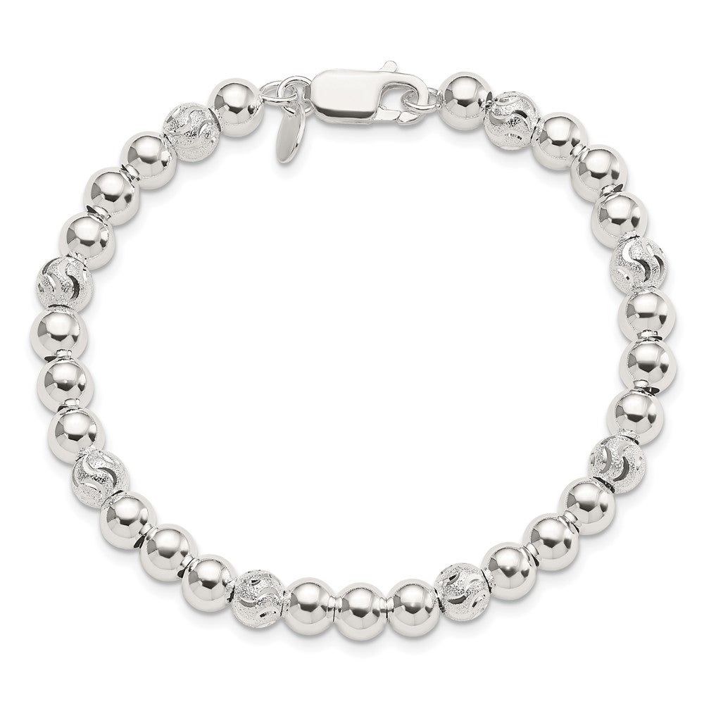 7.5 Inch Sterling Silver Polished Diamond-Cut Beaded Bracelet