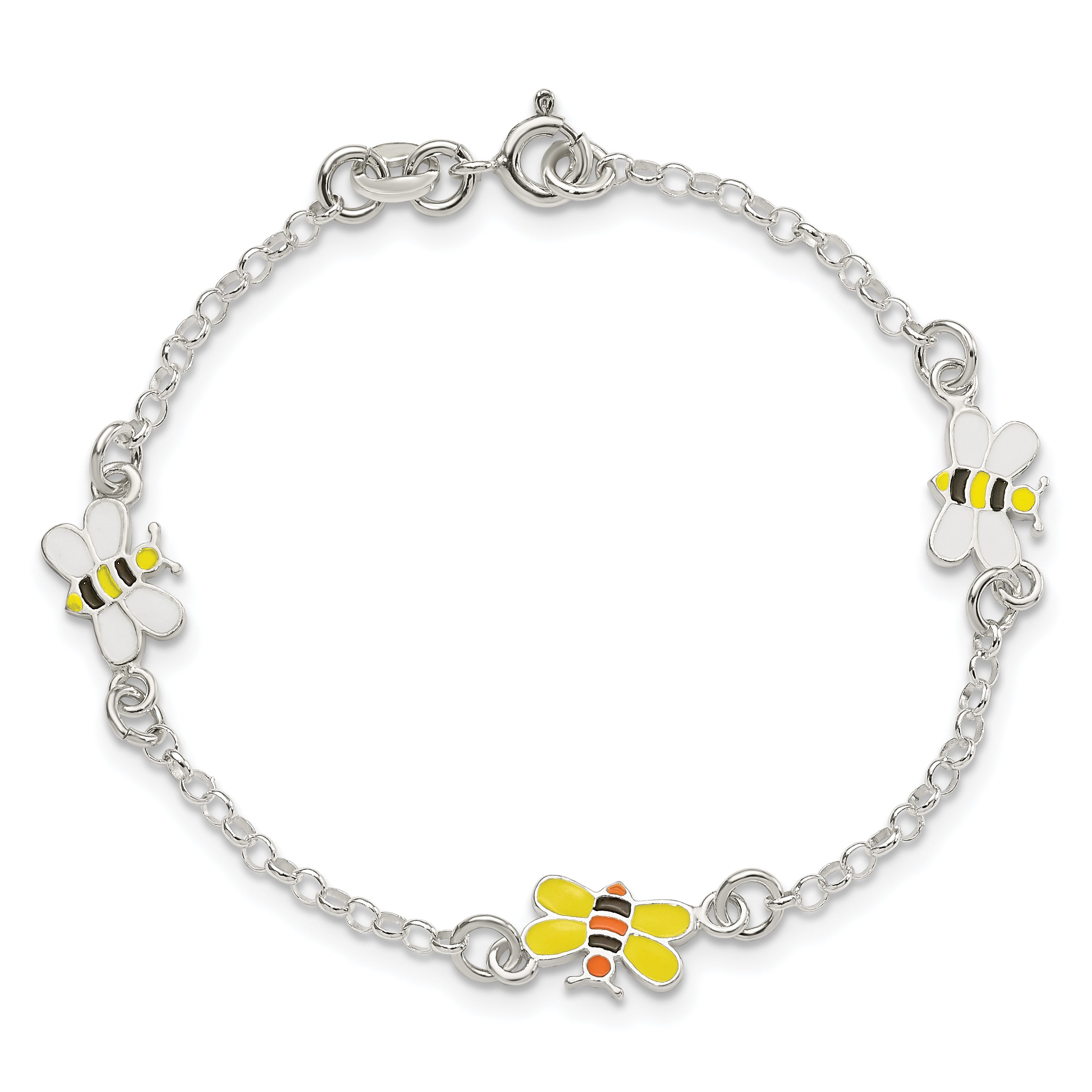 6 Inch Sterling Silver Polished & Enameled Bees Children'S Bracelet