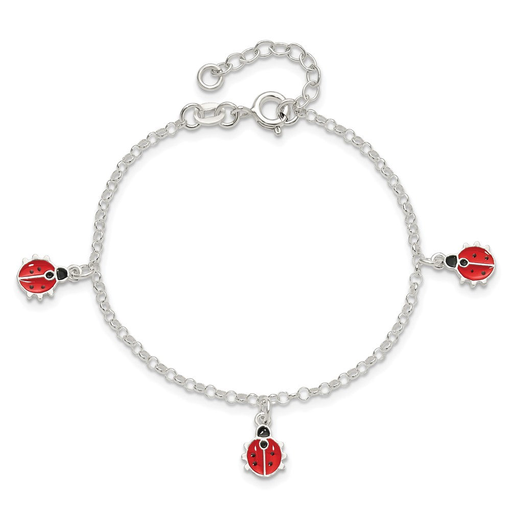 7 Inch Sterling Silver Polished Enameled Ladybugs W/ 1In Ext. Children'S Bracelet