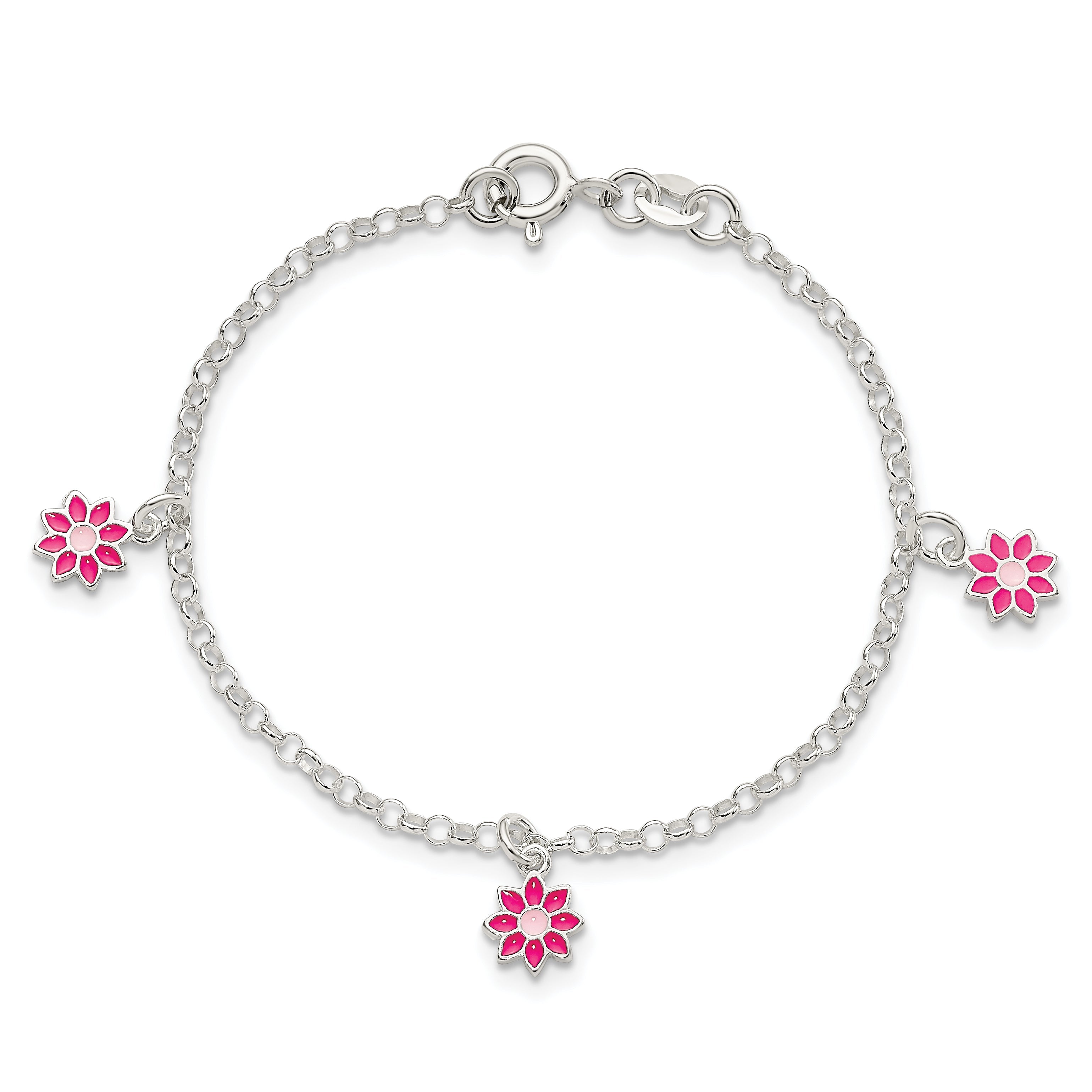 6 Inch Sterling Silver Polished Pink Enameled Flowers Children'S Bracelet