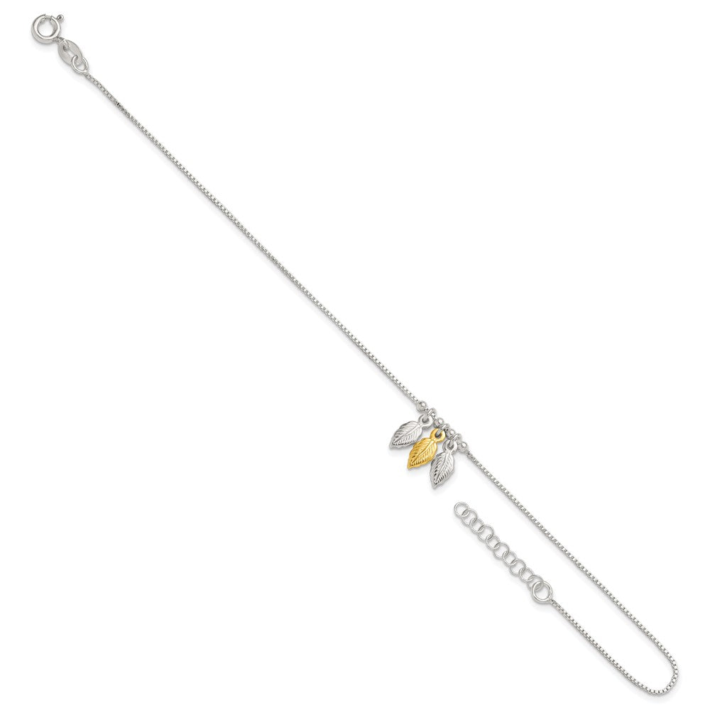 Sterling Silver Gold-Tone Polished Feather 9In W/1In Ext Anklet