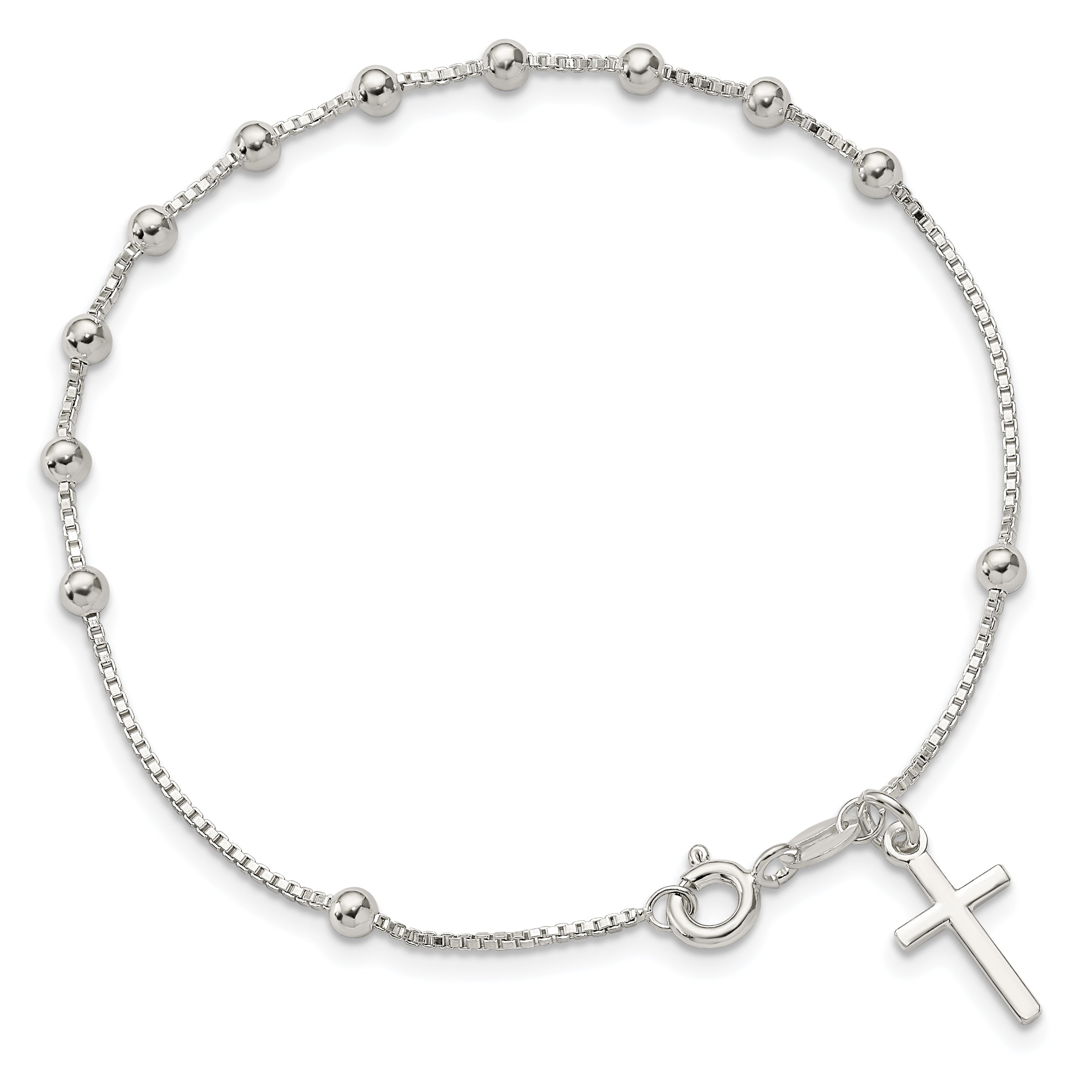 7.25 Inch Sterling Silver Polished Beaded Cross 7.25In Bracelet