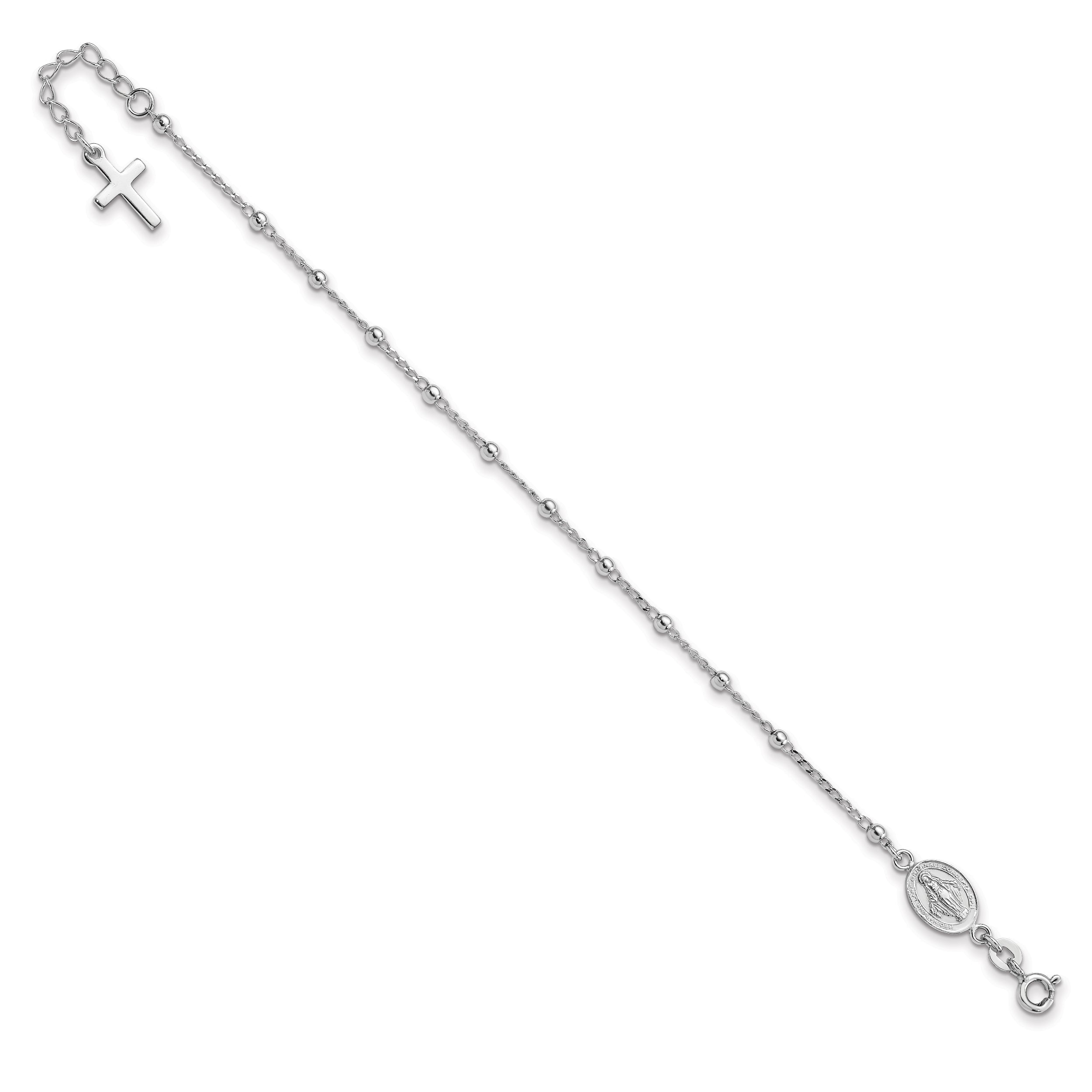 7 Inch Sterling Silver Rhod-Pltd Miraculous Medal/Cross W/1In Ext. Bracelet