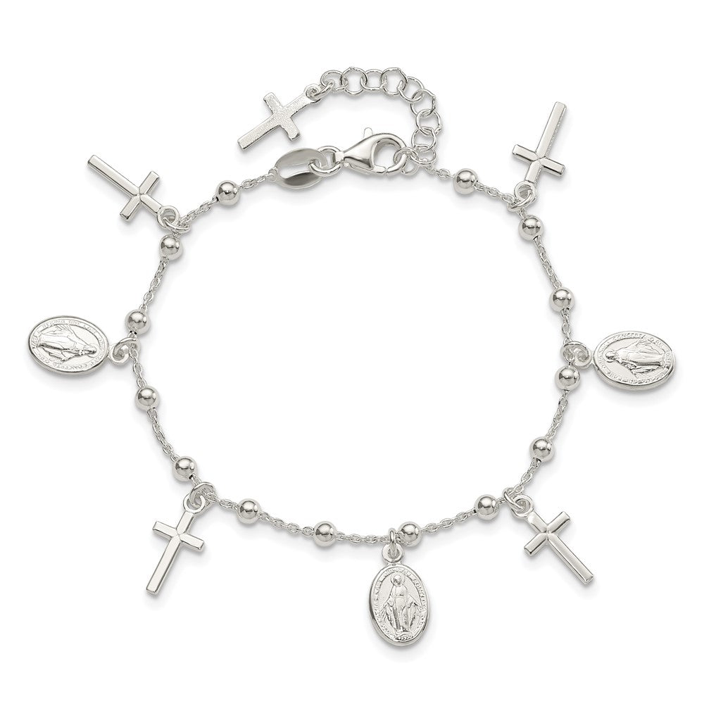 6.25 Inch Sterling Silver Polished W/1In Ext Cross Miraculous Medal Bracelet