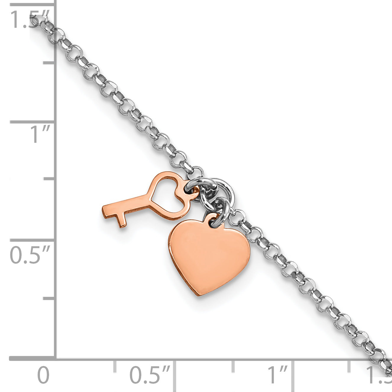 8 Inch Sterling Silver Rhodium Rose-Tone Heart & Key W/1.5In Ext. Bracelet