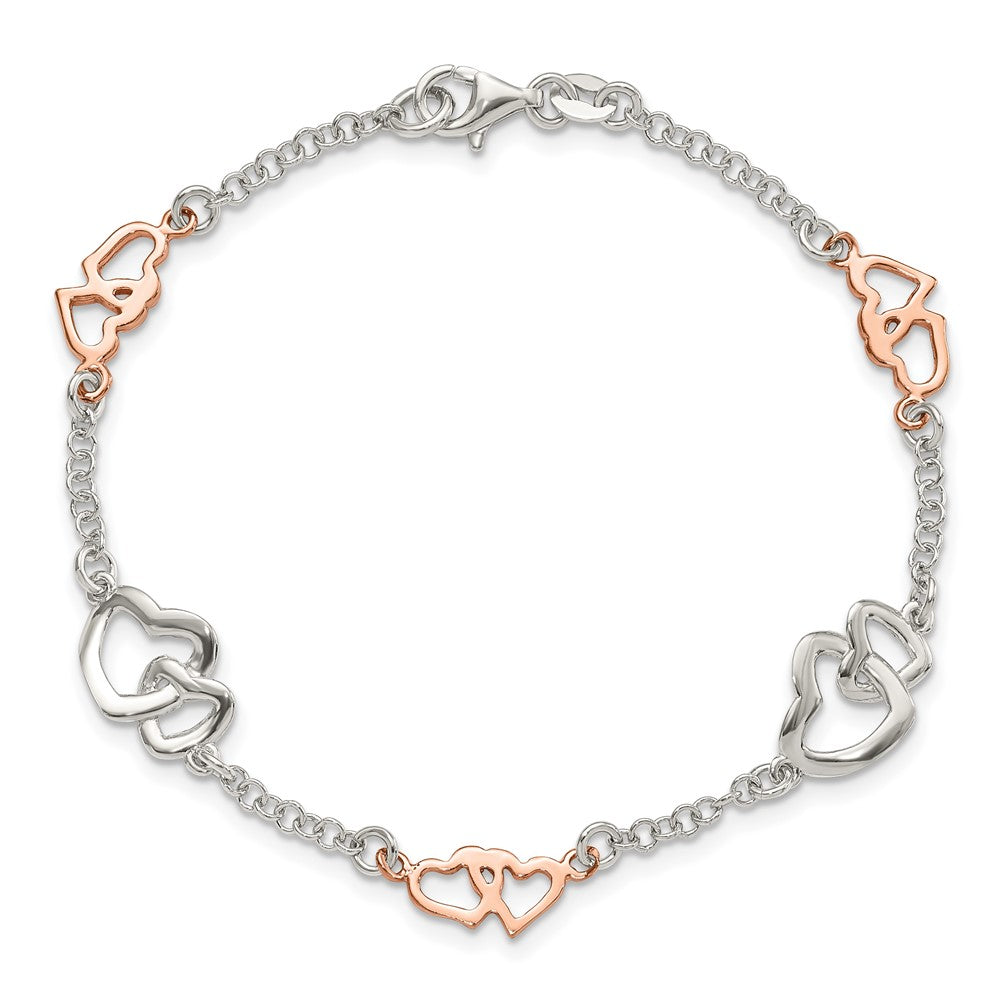 7.5 Inch Sterling Silver Rose Gold-Plated Polished Heart Bracelet