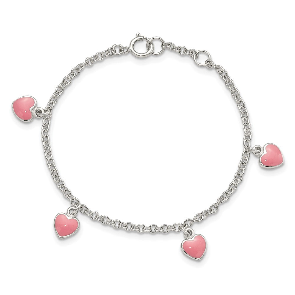 6 Inch Sterling Silver Rhod-Pltd Childs Enamel Hearts 5.5In W/.5In Ext Bracelet