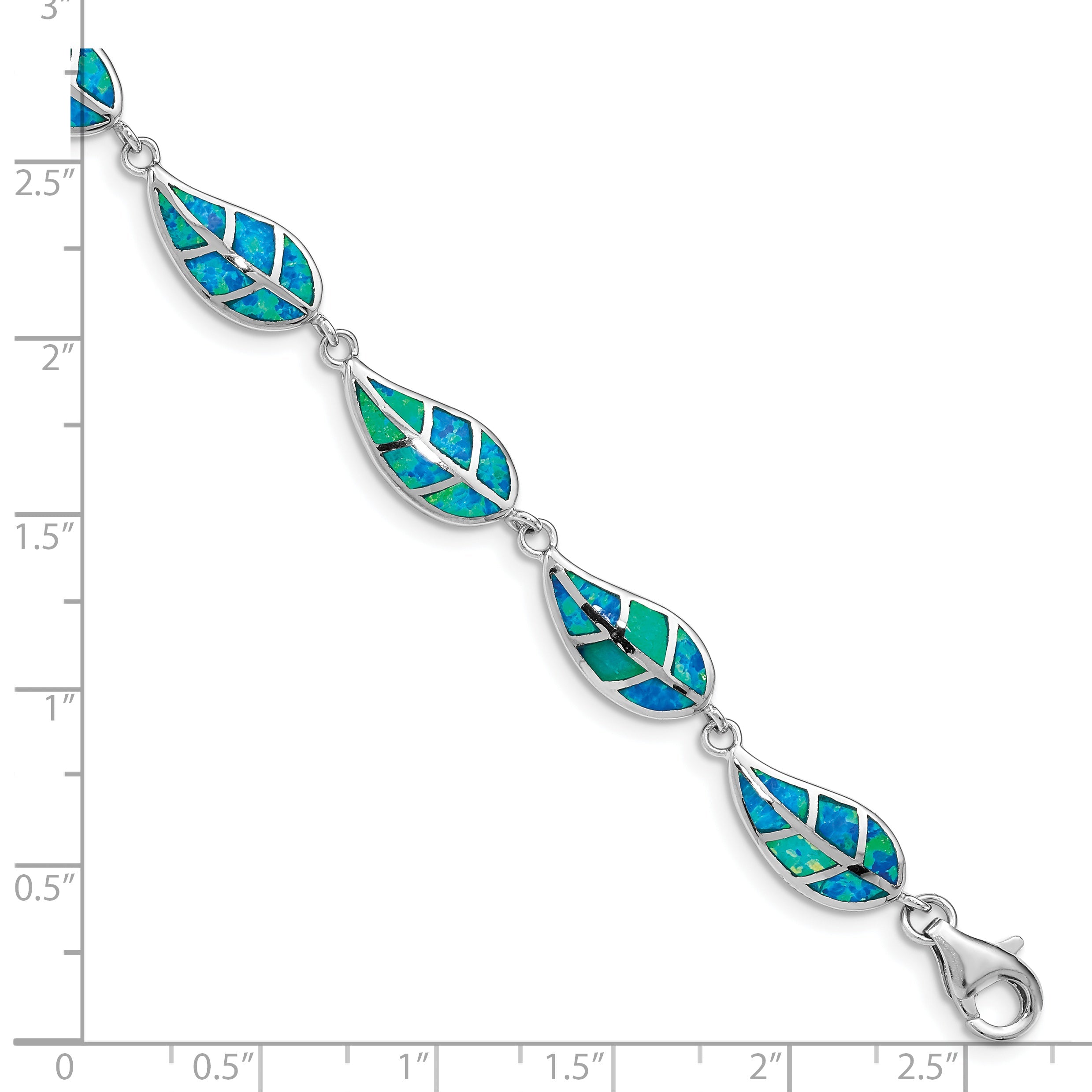 7.5 Inch Sterling Silver Rhodium-Plated Lab Created Opal Inlay Leaf Bracelet