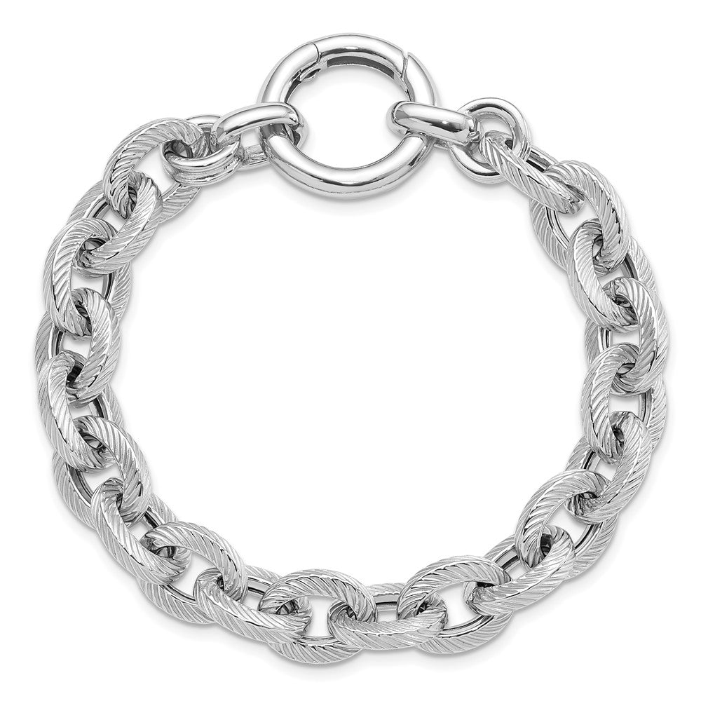 7.5 Inch Sterling Silver Rhodium Plated Polished Striped Link Bracelet