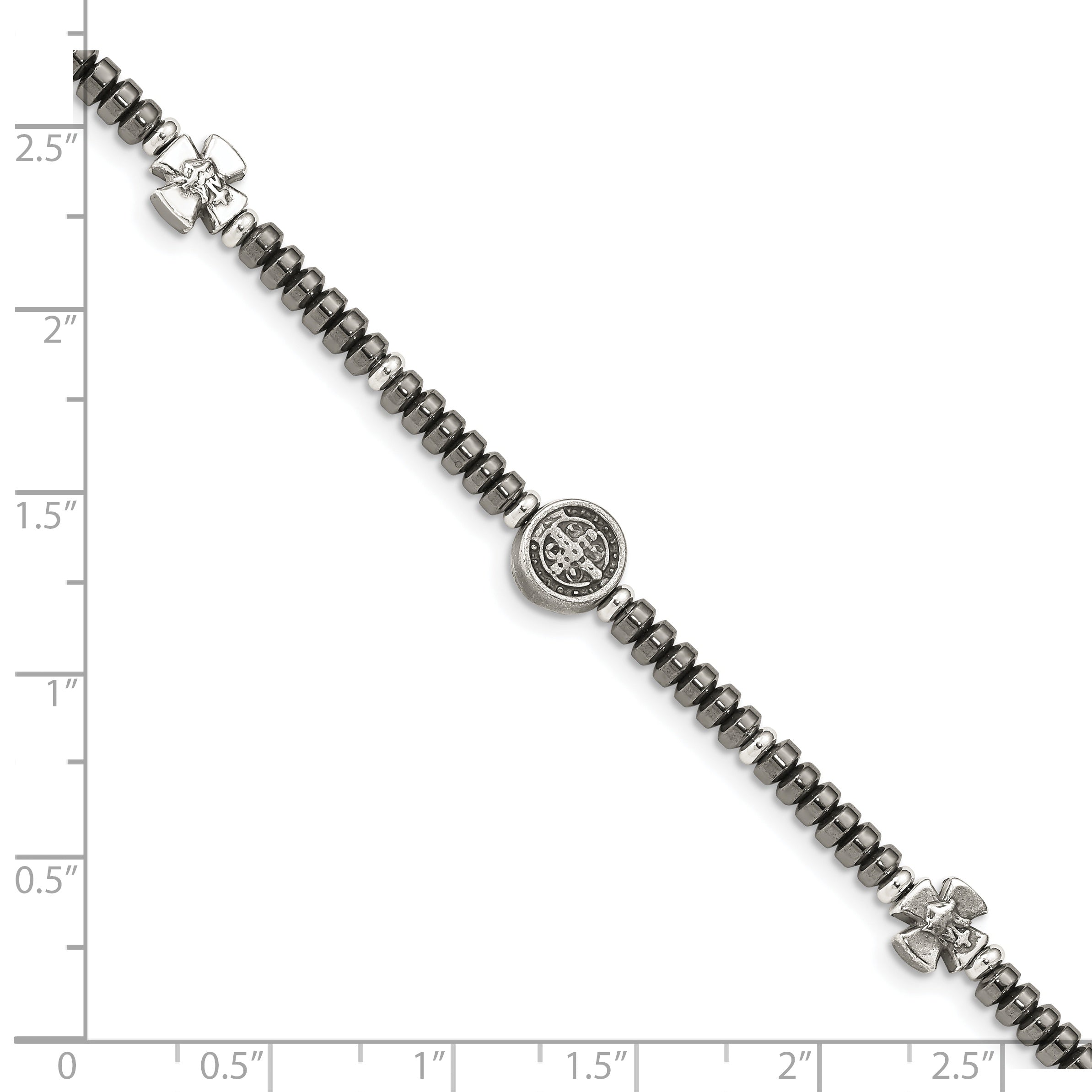 8 Inch Sterling Silver Antiqued Black Bead With Crosses Bracelet