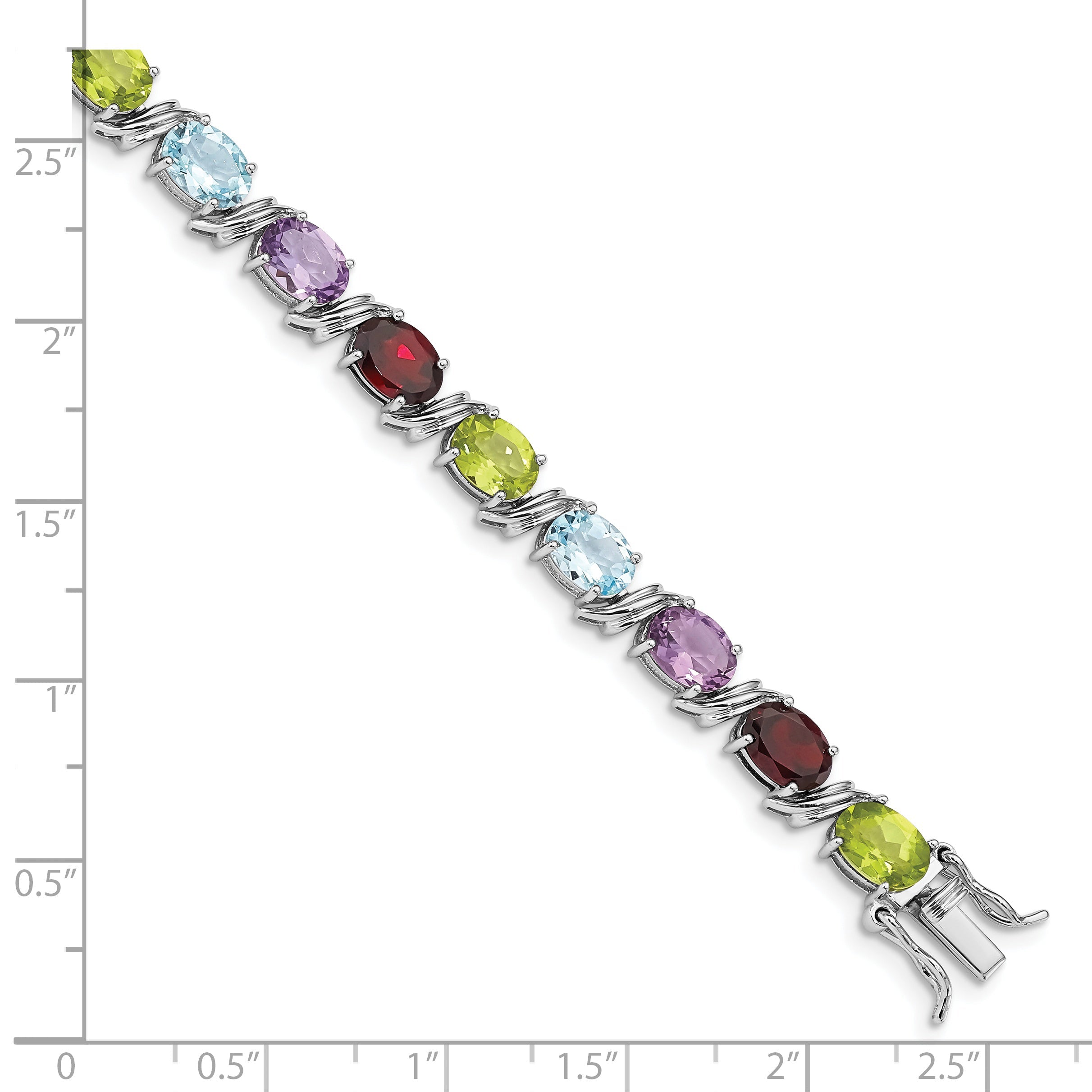 7.5 Inch Sterling Silver Rhodium-Plated Oval Multi-Gemstone Bracelet