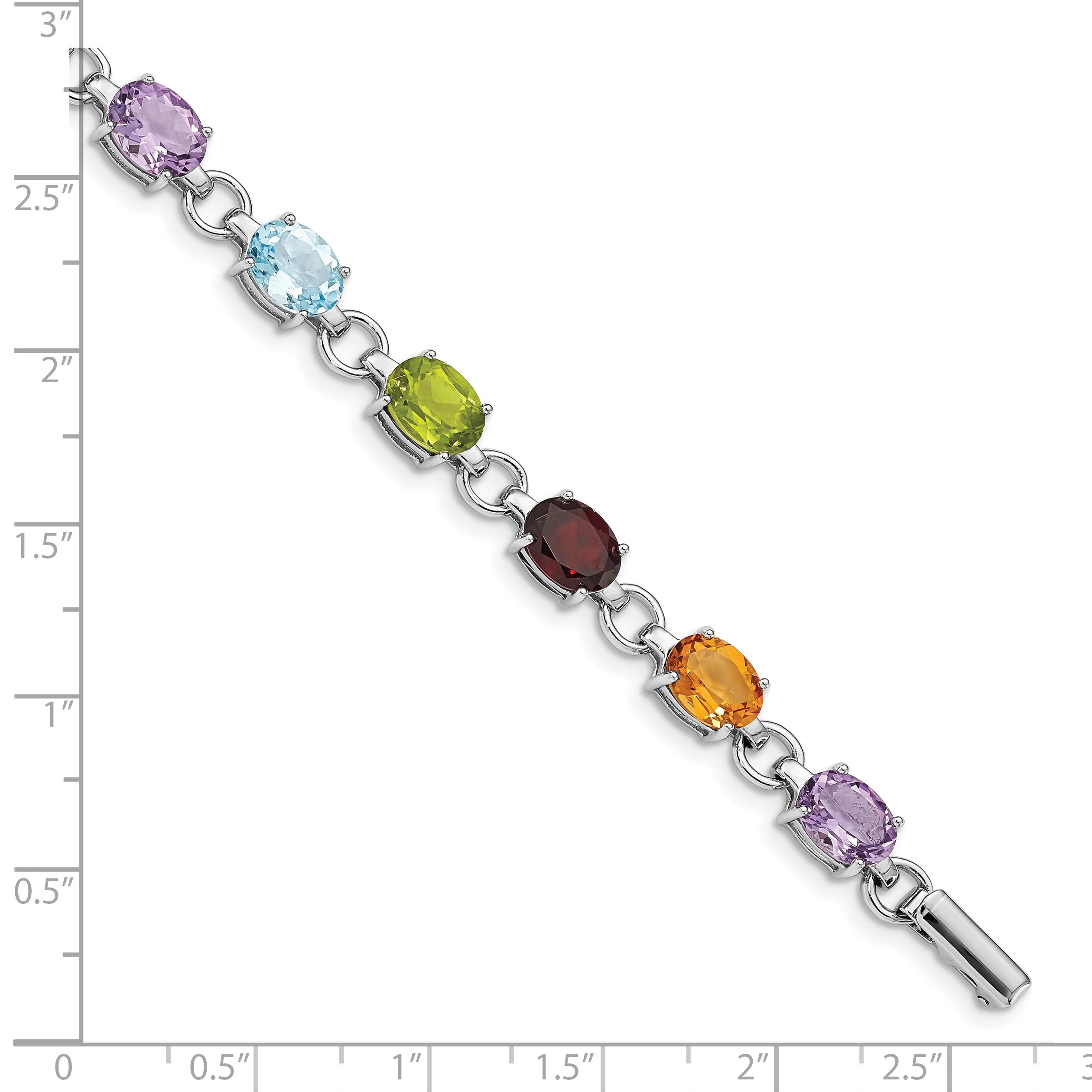 7.25 Inch Sterling Silver Rhodium-Plated Oval Multi-Gemstone Bracelet