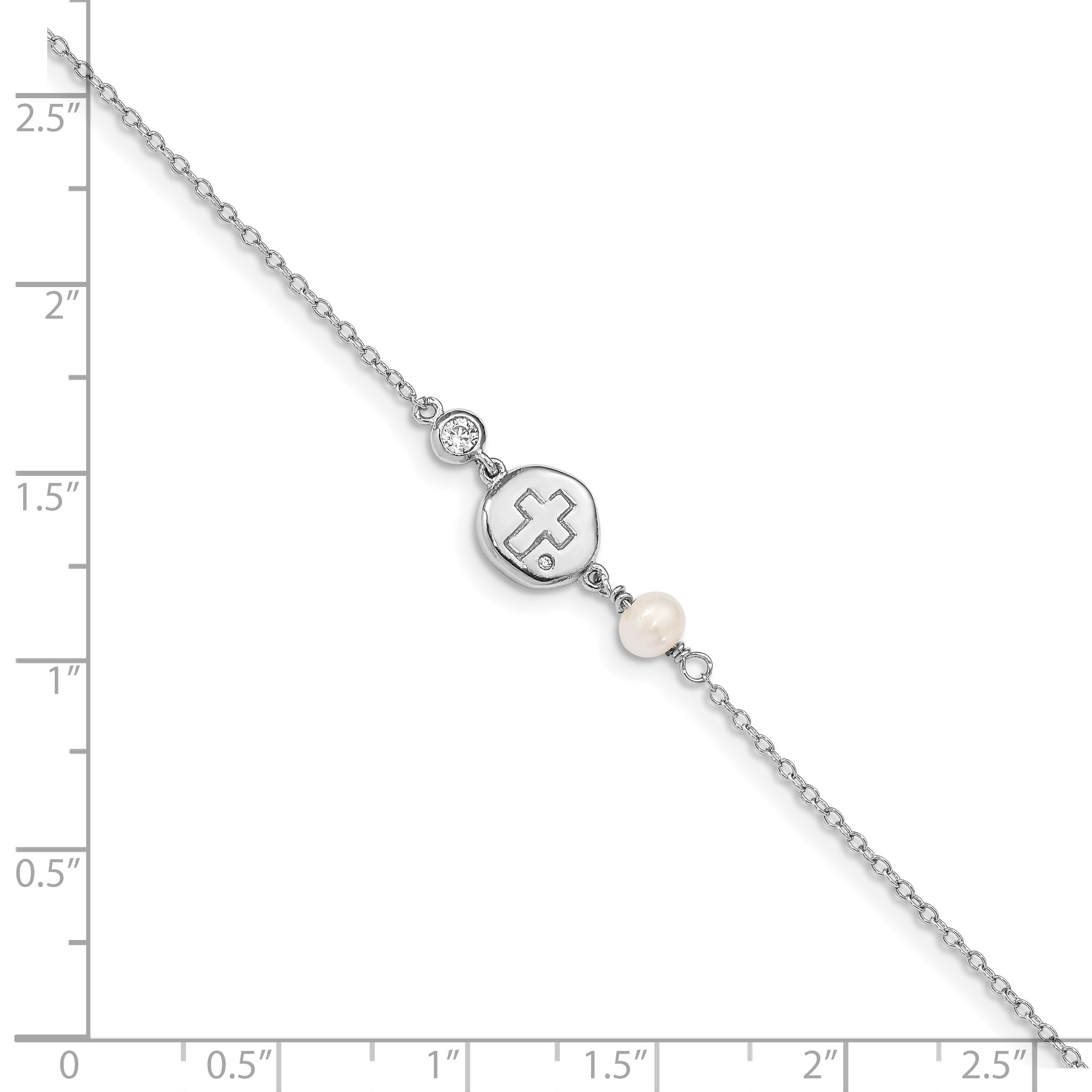 6.75 Inch Sterling Silver Rh-Plated Cz/Cross/Fwc Pearl W/0.5In Ext Bracelet