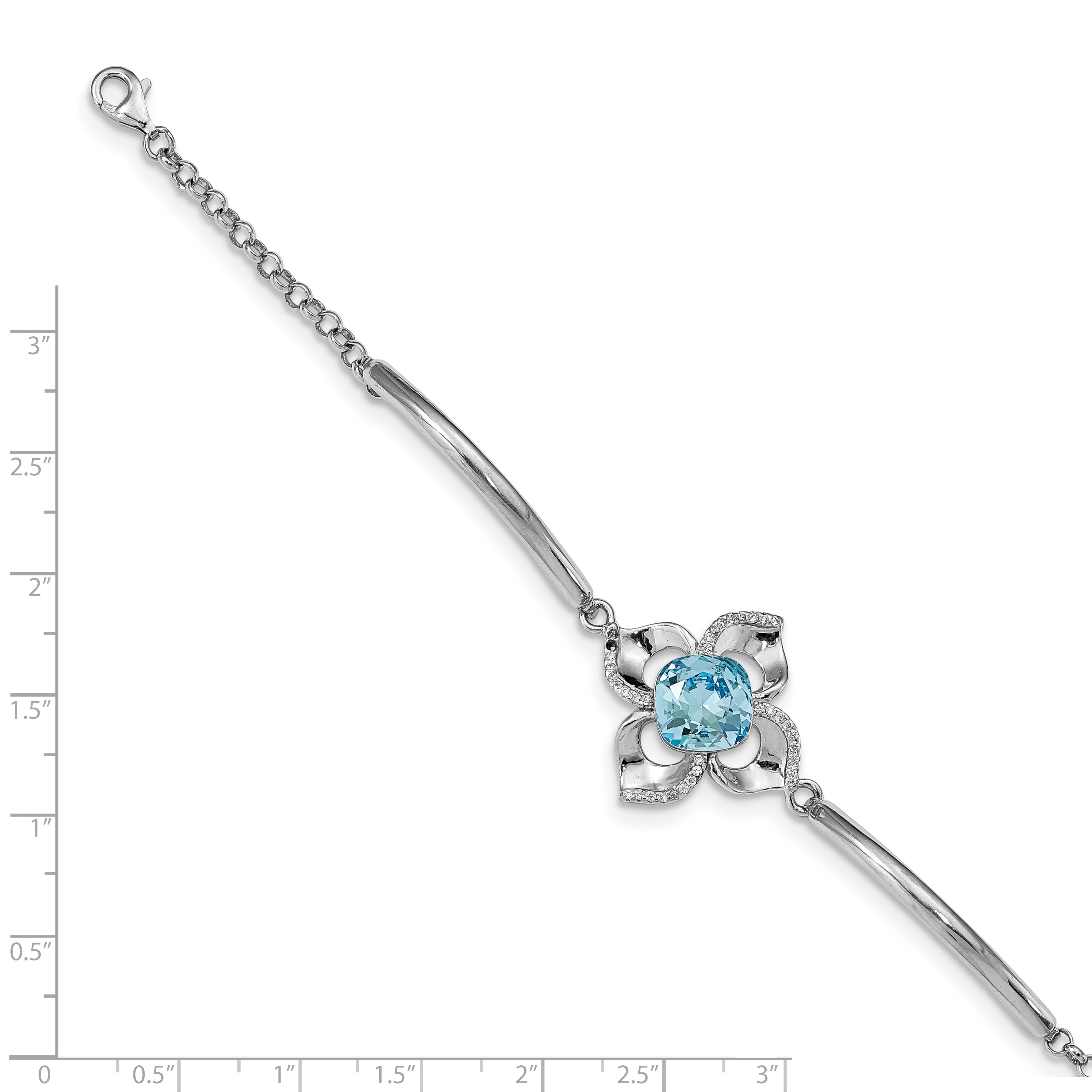 7 Inch Sterling Silver Rh-Plated Clear/Blue Crystal Flower W/1In Ext Bracelet