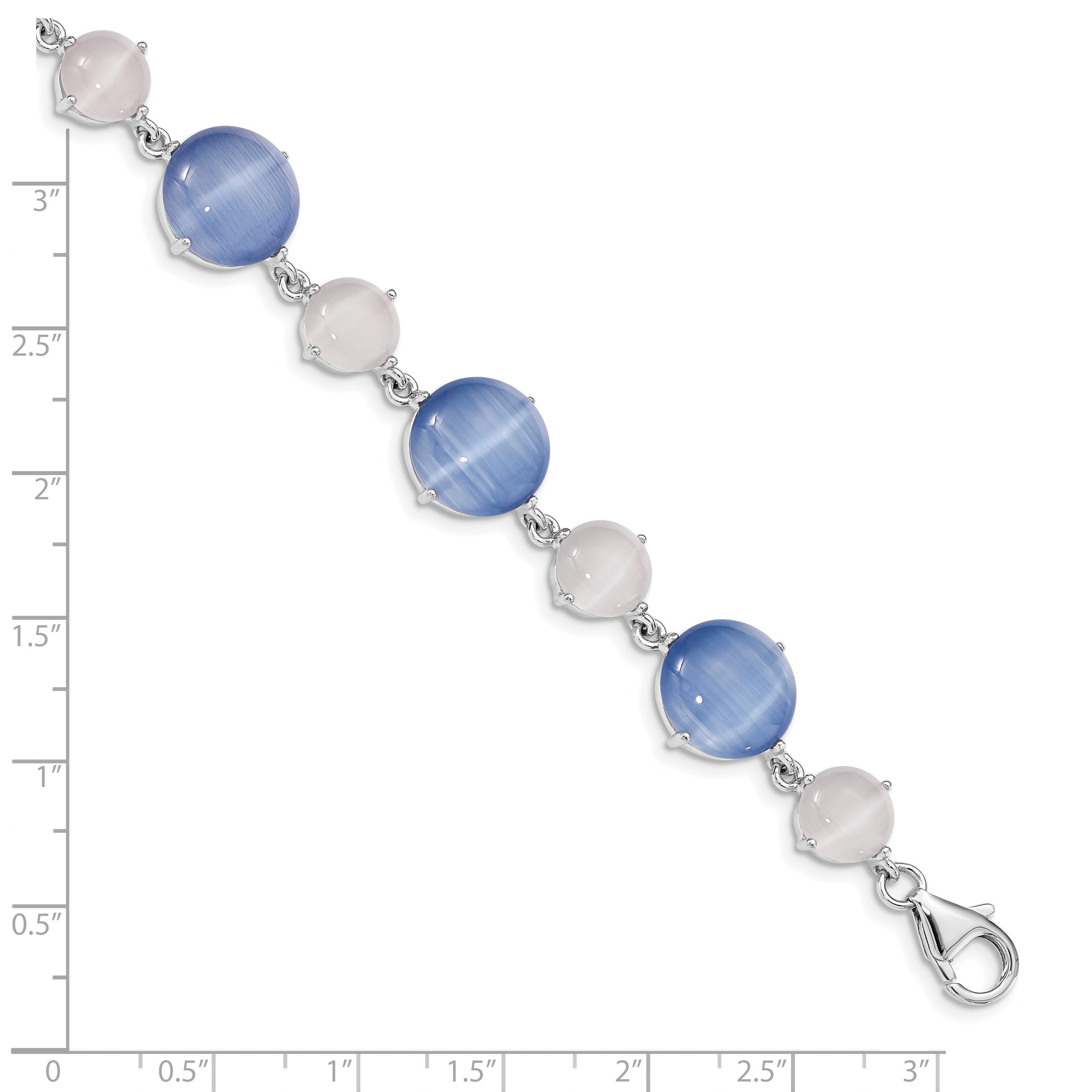 7 Inch Sterling Silver Rh-Plated Created Blue Cats Eye W/ 1In Ext Bracelet