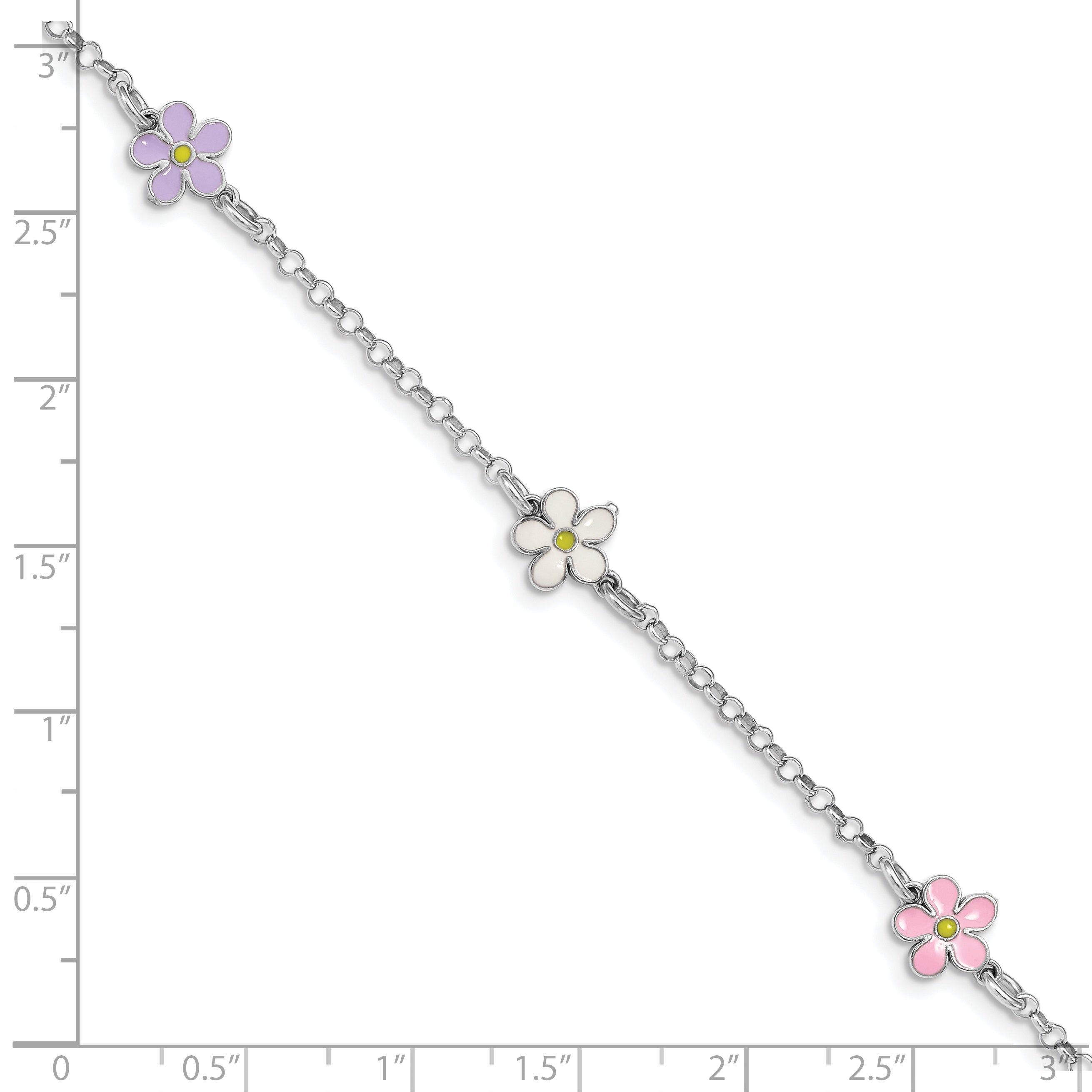 7 Inch Sterling Silver Rh-Plated Enameled Flower W/ .75In Ext. Children'S Bracelet