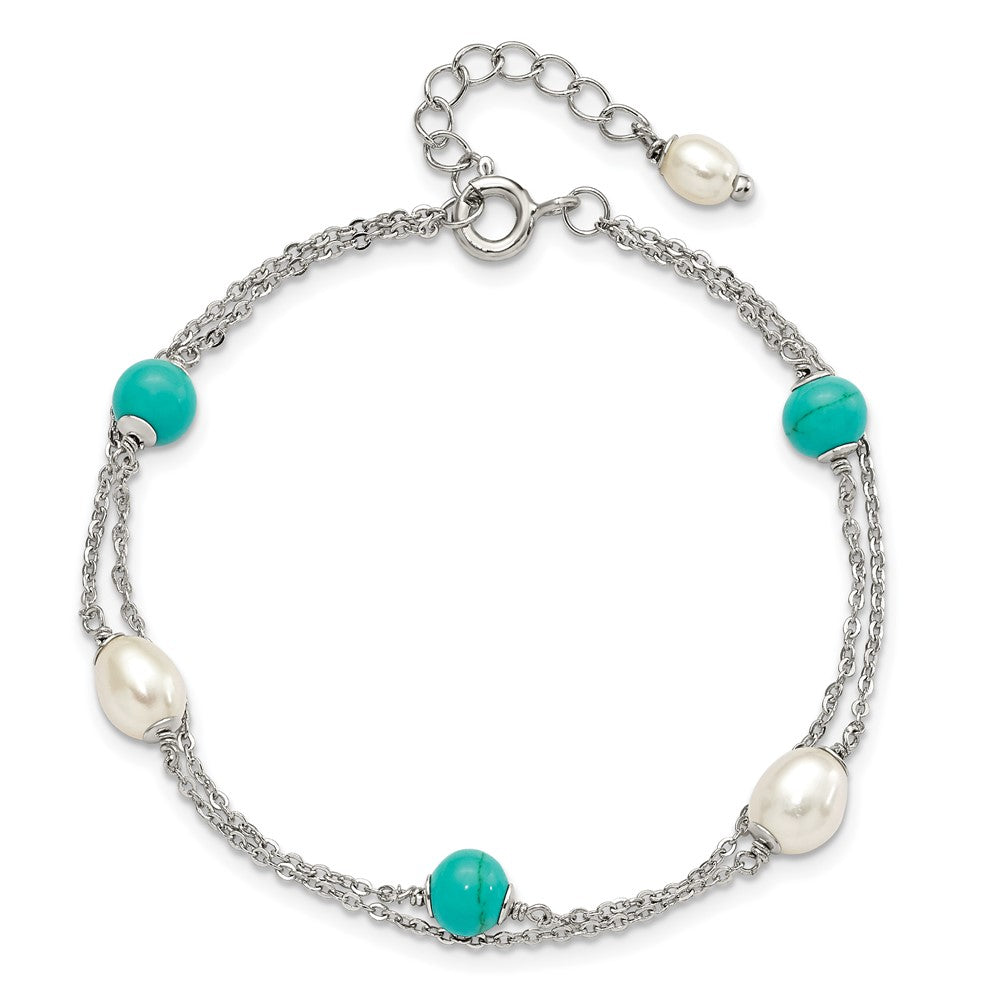 7 Inch Sterling Silver Rhodium-Plated Turquoise/Fwc Pearl W/1In Ext Bracelet