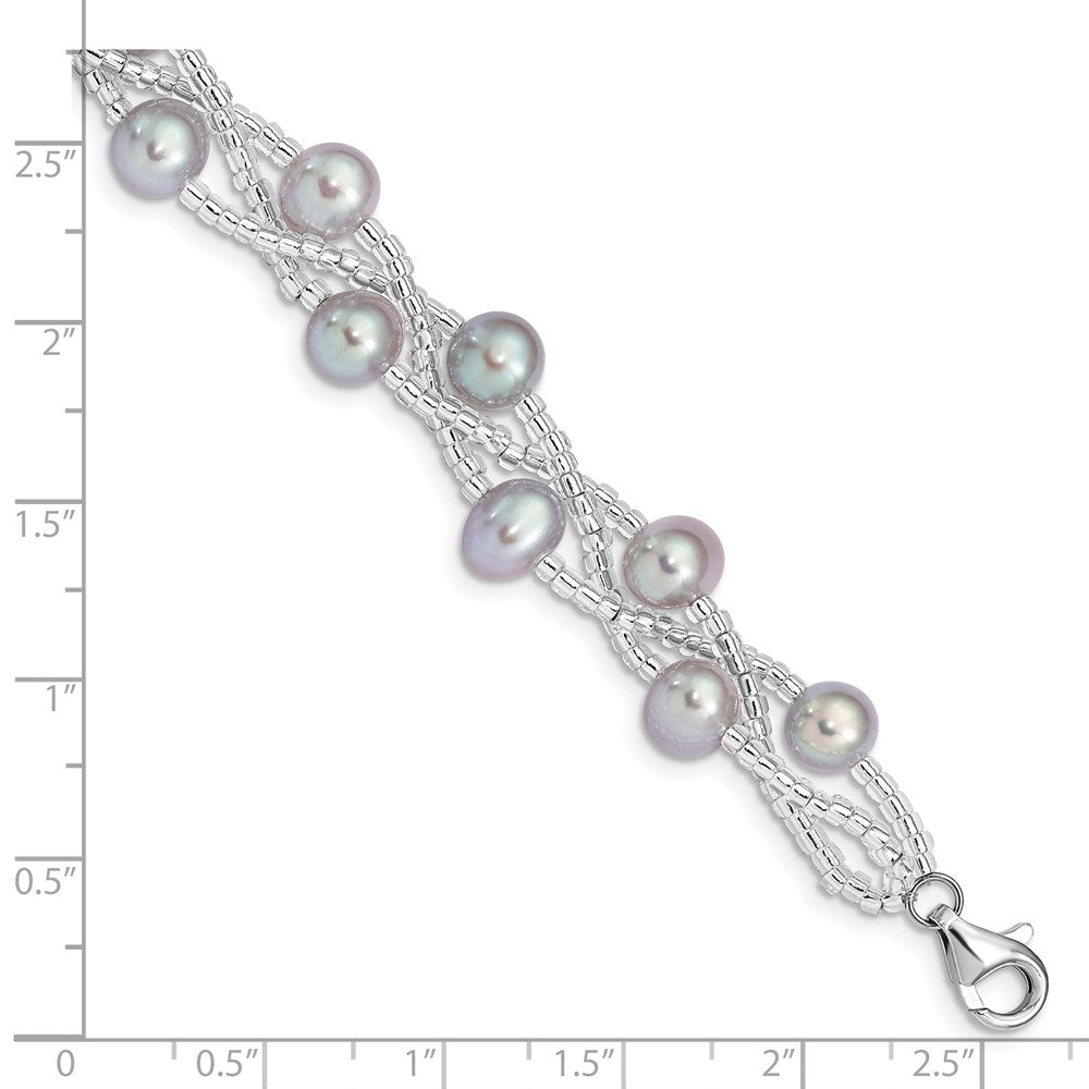 7.5 Inch Sterling Silver Rhd-Plt 7-9mm Grey Fwc Pearl Glass Bead Bracelet