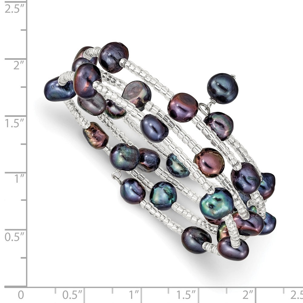 Fashion 7-8mm Black Freshwater Cultured Pearl And Glass Beaded Coil Slip-On Bangle