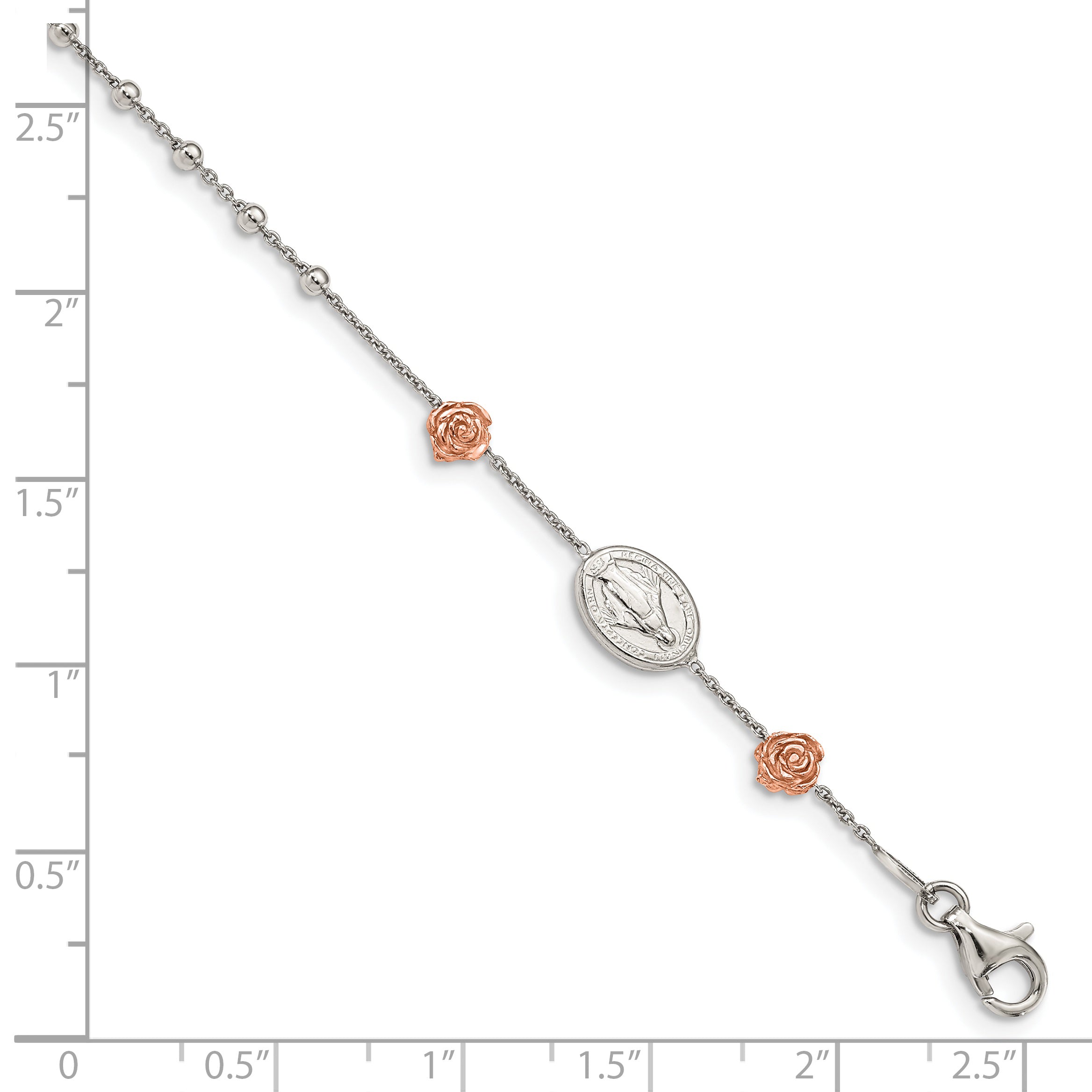 7 Inch Sterling Silver Rhod-Plted Rose-Tone Roses W/Cross W/1In Ext Bracelet