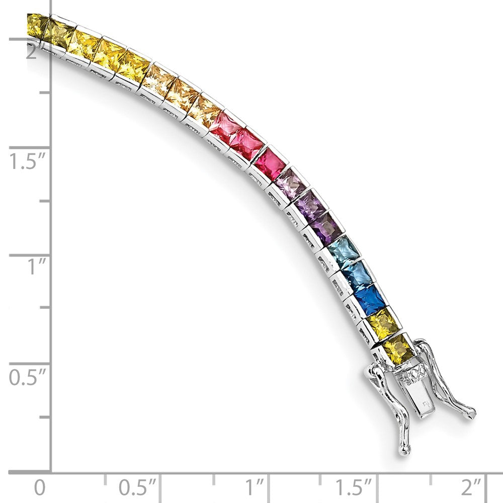 Sterling Silver Prizma Rhodium-Plated 7.25 Inch Channel-Set Colorful Cz Bracelet