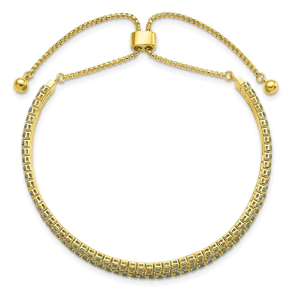 Sterling Silver Ss Gold Tone March Light Blue Triple Cz Adjustable Bracelet
