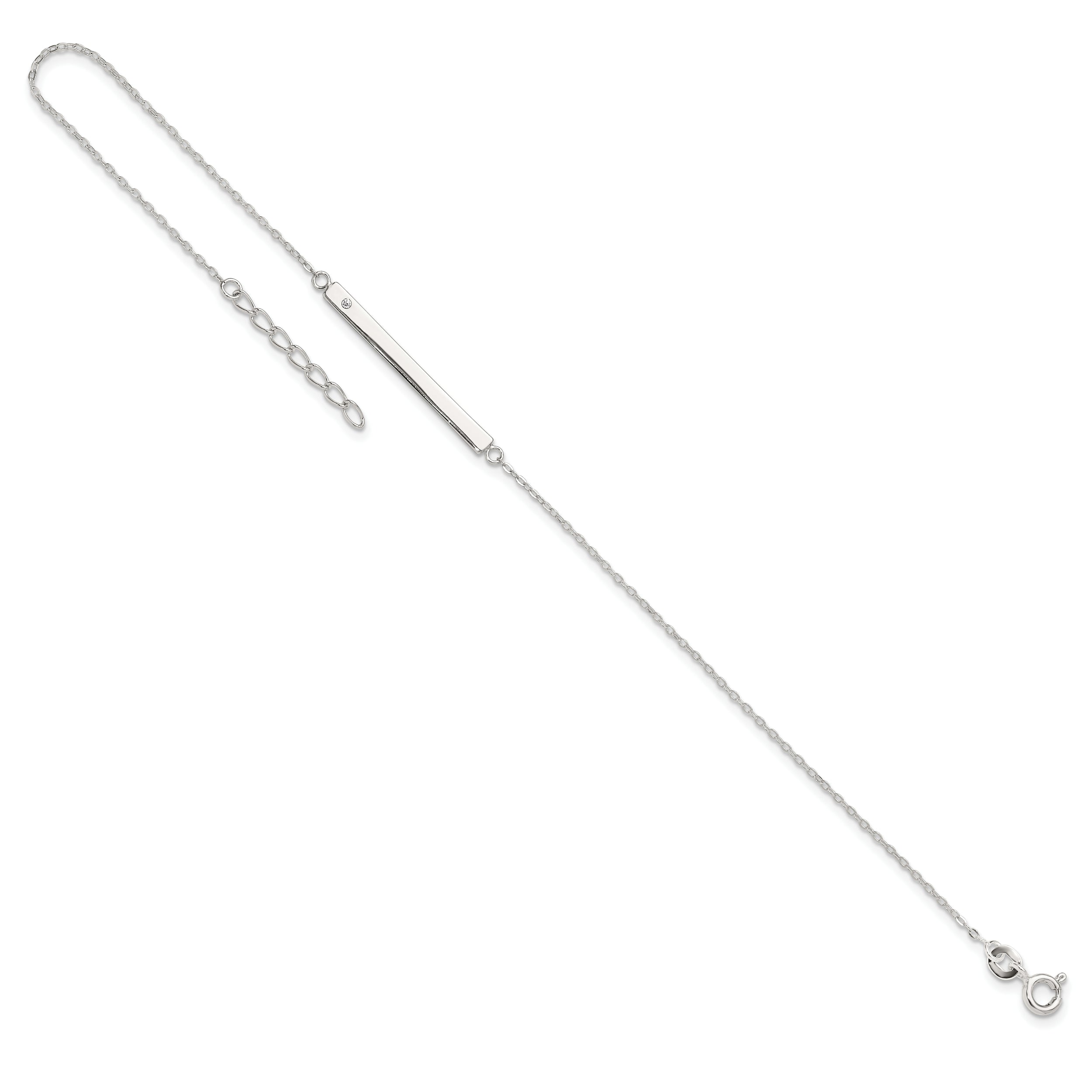 Sterling Silver Polished Crystal Bar 9In Plus 1In Ext Anklet