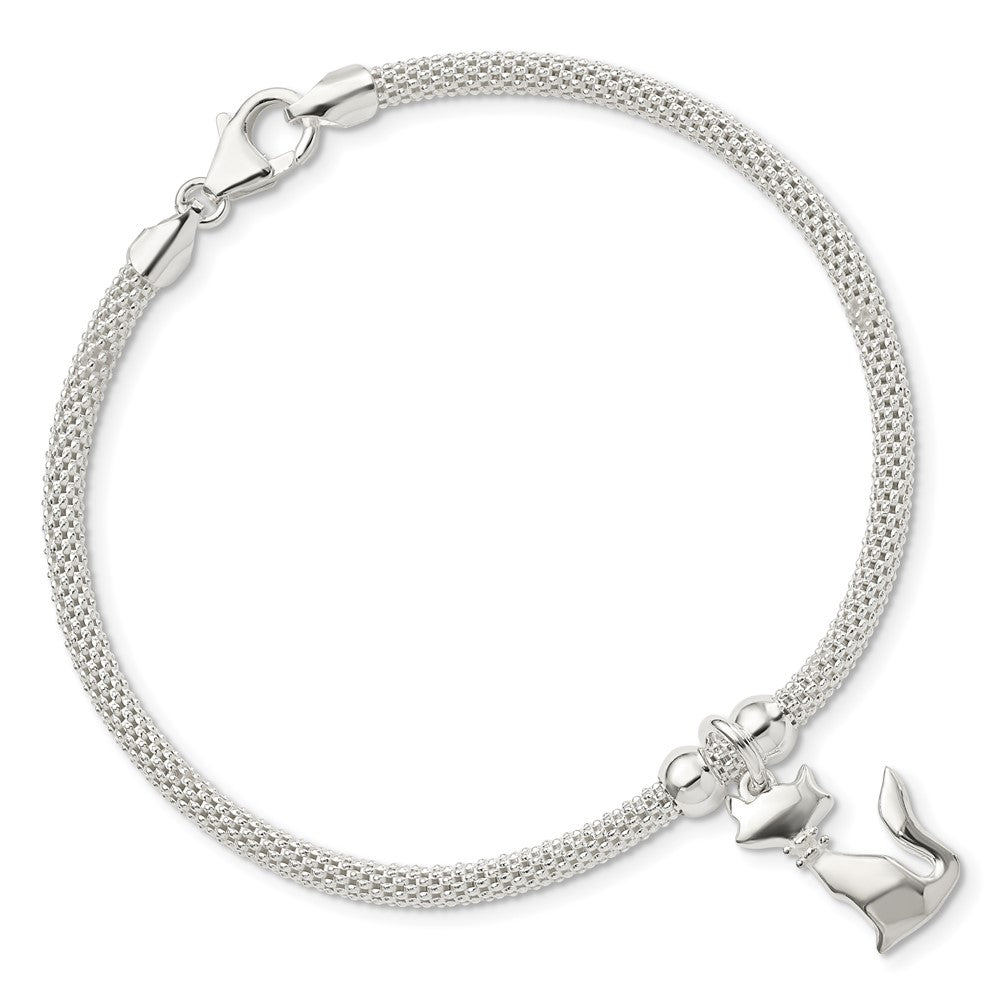 7.5 Inch Sterling Silver Polished Cz Cat Charm Bracelet