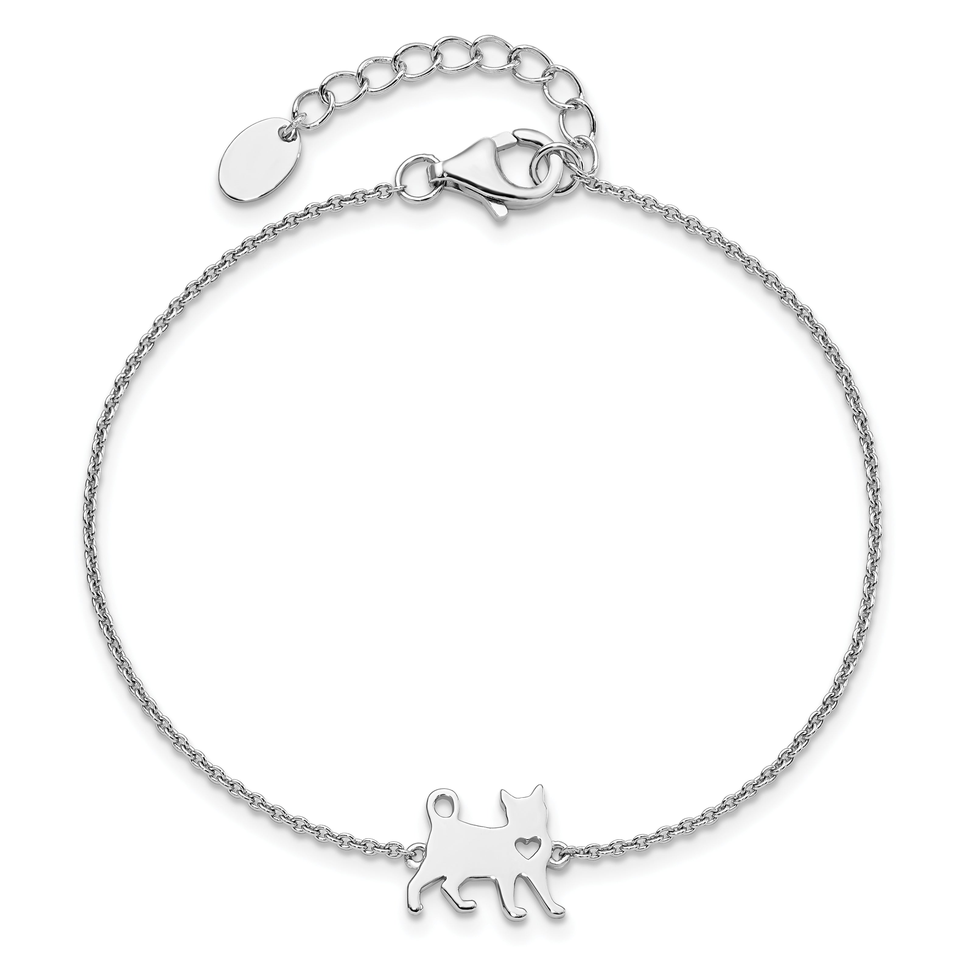 7 Inch Sterling Silver Rhodium-Plated Cat W/Heart 7In Plus 1In Ext Bracelet
