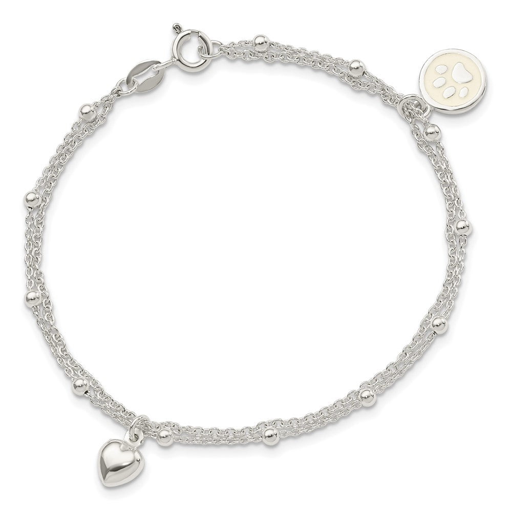 7.5 Inch Sterling Silver 2-Strand Heart And Enameled Paw Print Bracelet