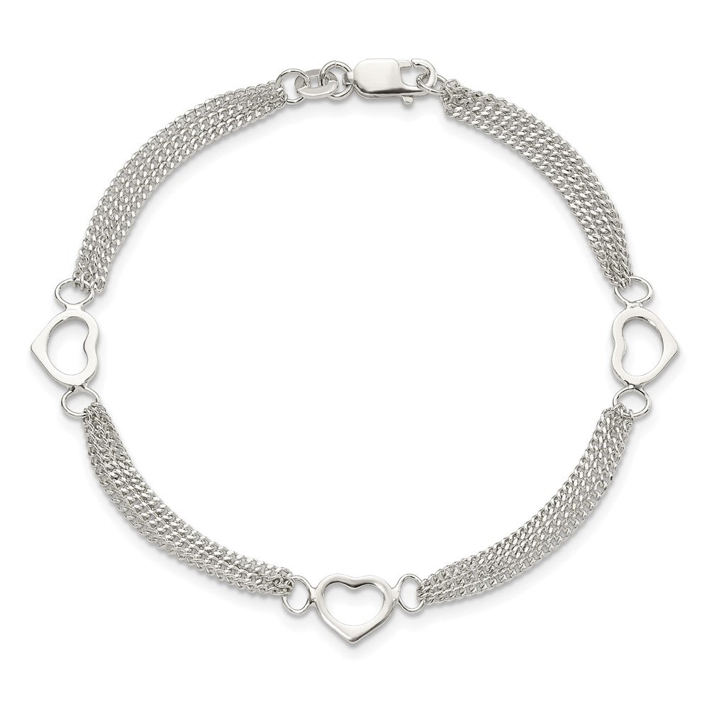 7 Inch Sterling Silver Polished Multi-Strand Heart 7In Bracelet