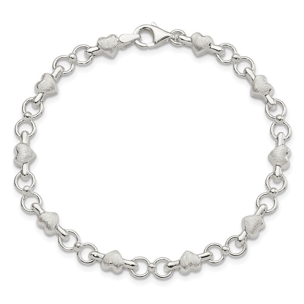 7.5 Inch Sterling Silver Satin & Polished Heart Chain Bracelet