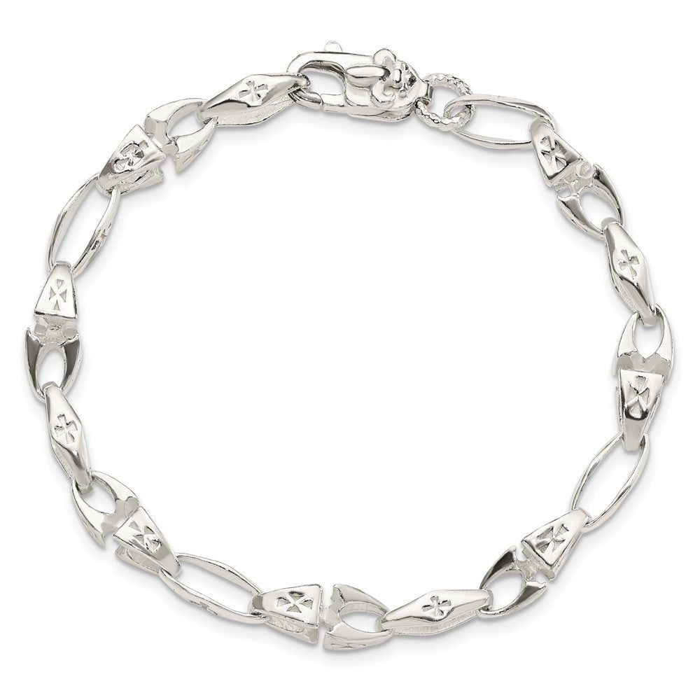 7.75 Inch Sterling Silver Polished Cross W/Fleur De Lis Clasp Bracelet