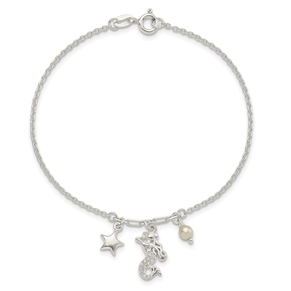 7.5 Inch Sterling Silver Cz Mermaid/Star/Glass Pearl Bracelet
