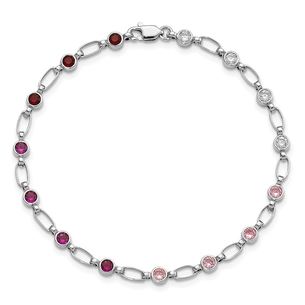 7.25 Inch Sterling Silver Rhodium-Plated Polished Red Pink Clear Cz Bracelet