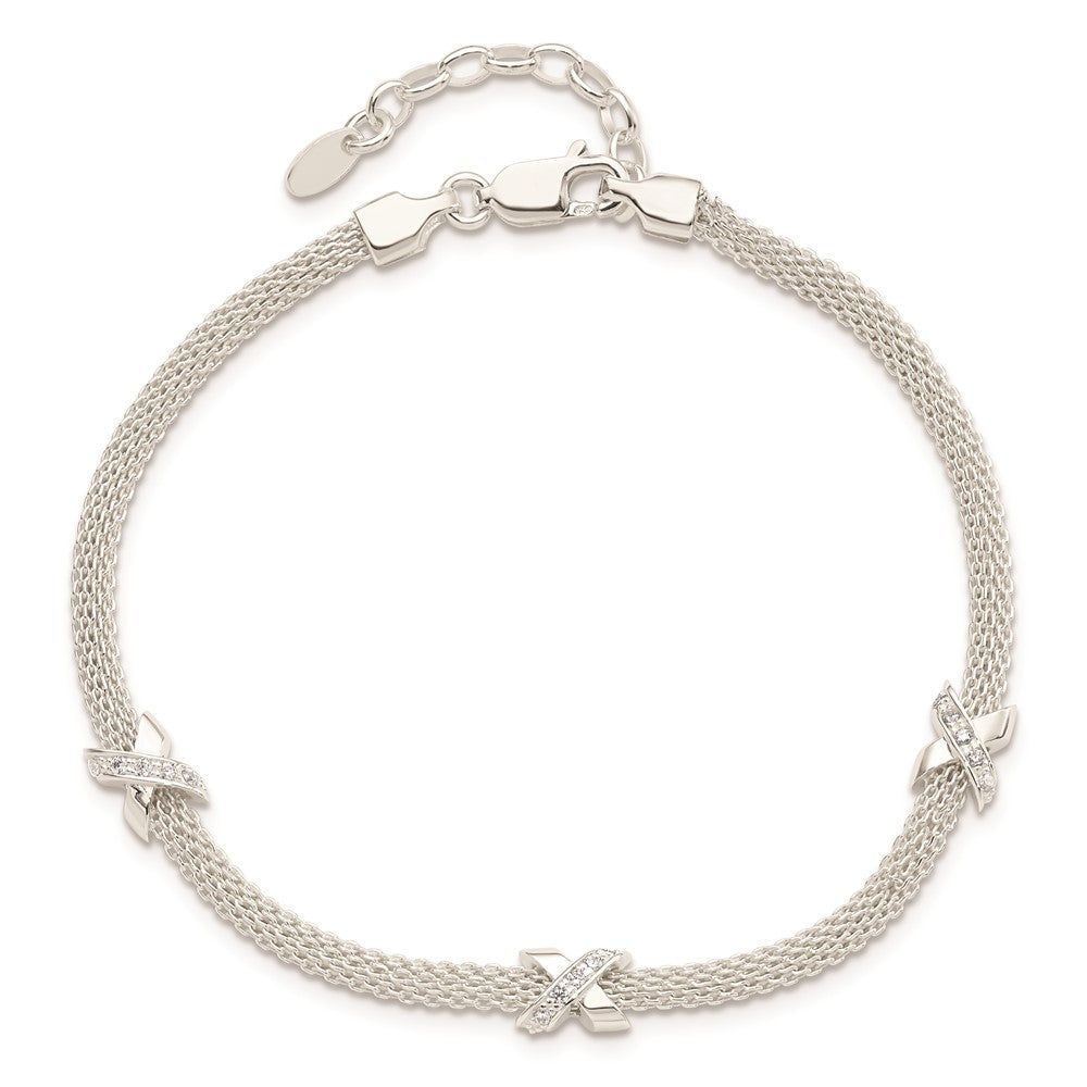 7.25 Inch Sterling Silver Rhodium-Plated Polished Cz Xs W/ 1In Ext Bracelet