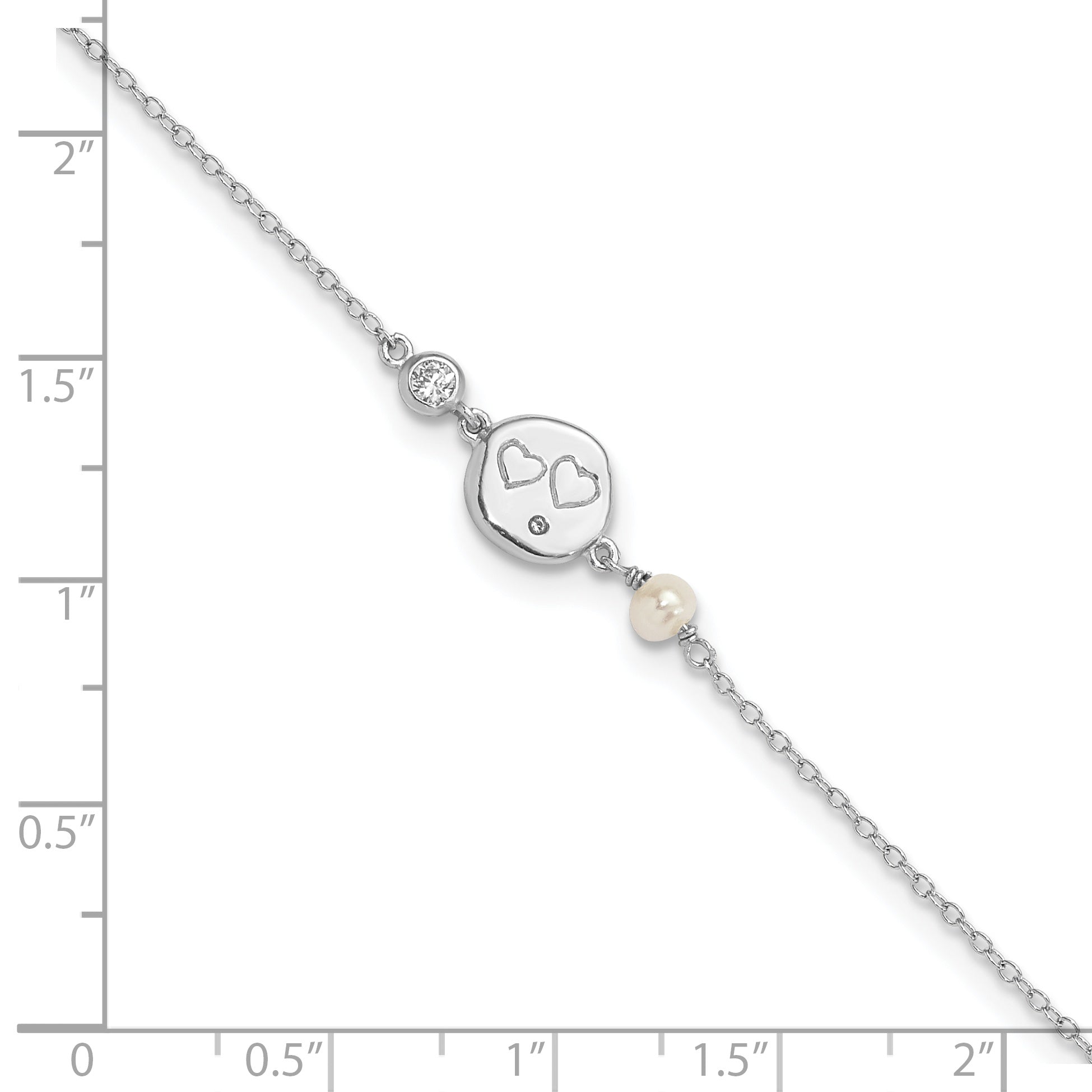 7.5 Inch Sterling Silver Rhodium-Plated Cz Fw Cultured Pearl W/ Hearts Bracelet