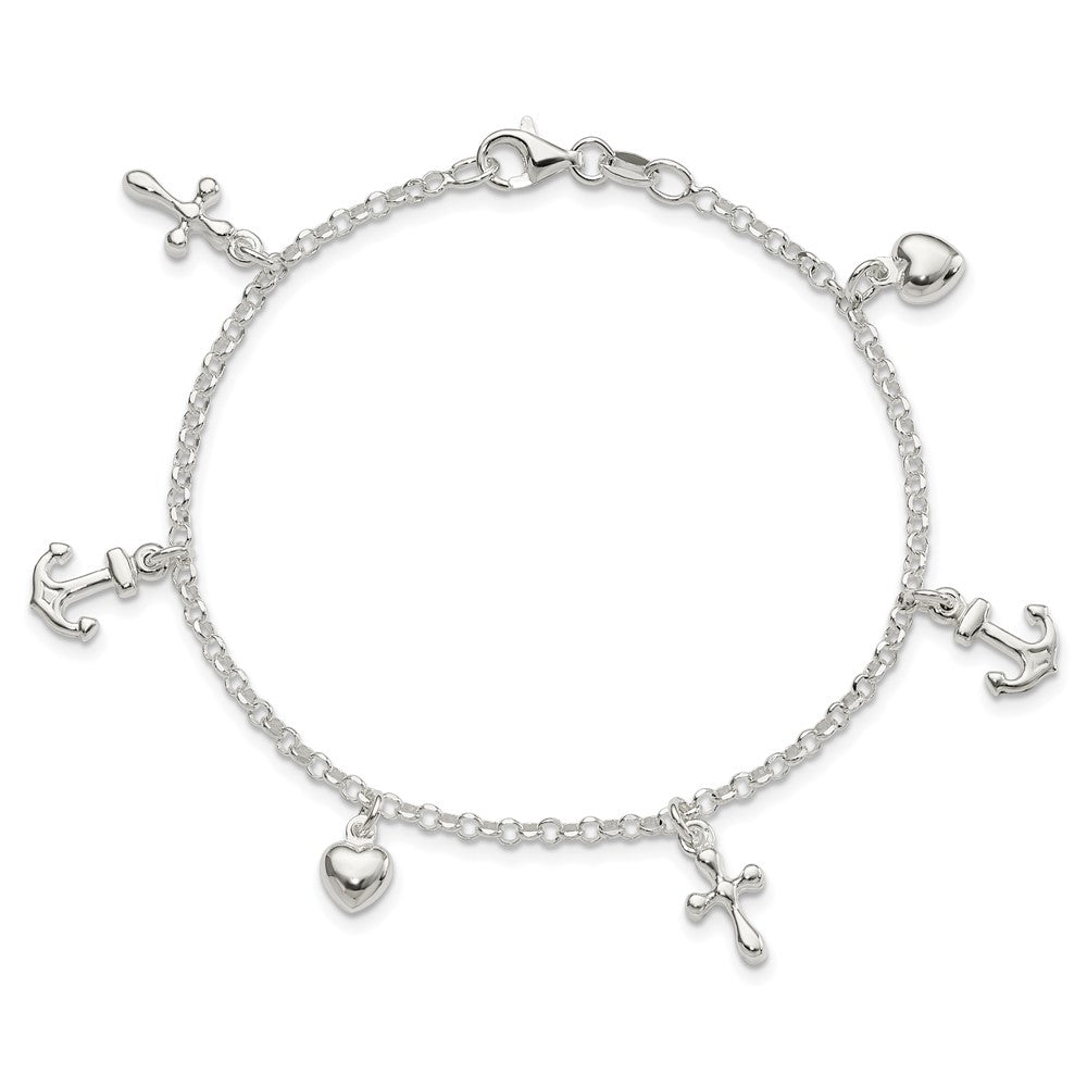 7.5 Inch Sterling Silver Cross, Anchor, Heart Bracelet