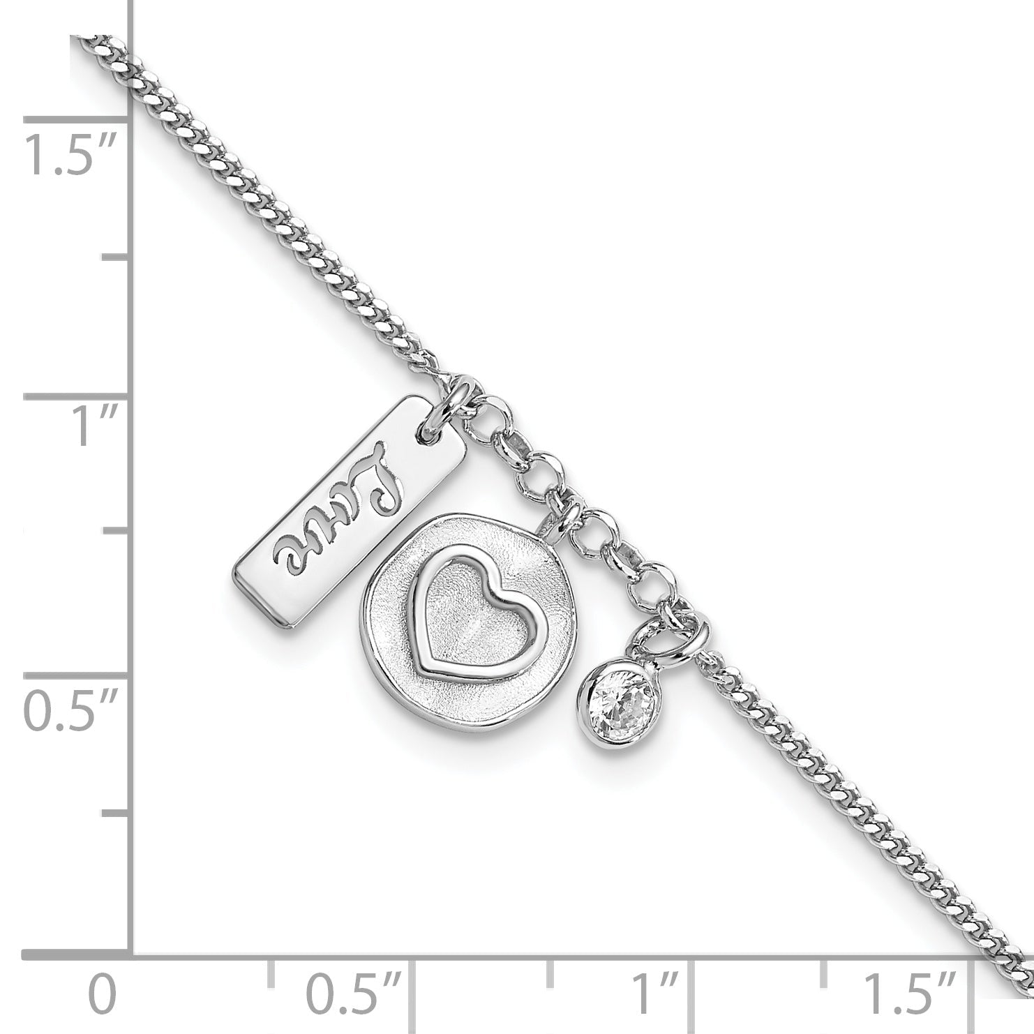 7 Inch Sterling Silver Rhodium-Plated Satin Heart Love Cz With .5In Ext Bracelet