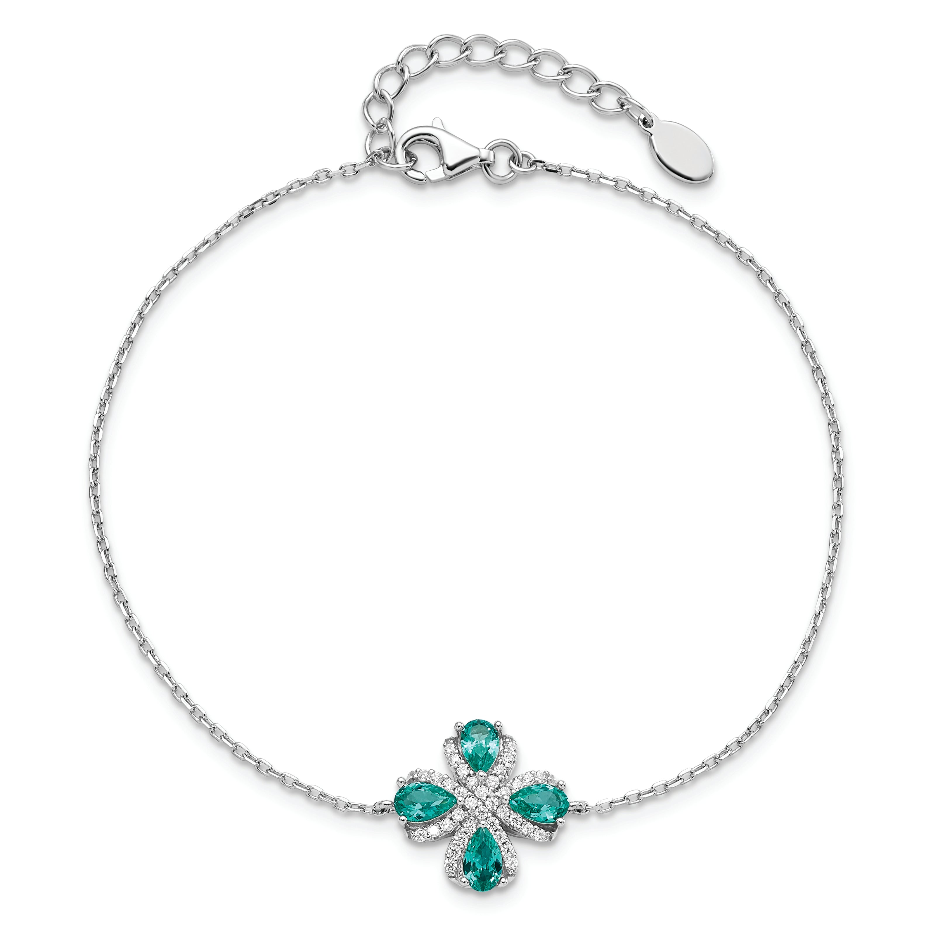 7 Inch Sterling Silver Rhodium Plated Teal & White Cz W/1In Ext Bracelet