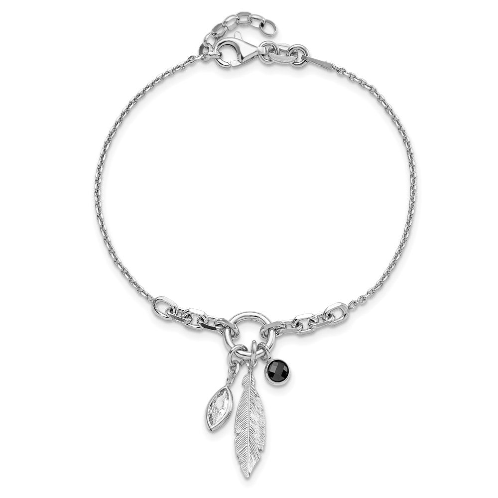 7 Inch Sterling Silver Rhodium-Plated Feather And Cz W/.5 In Ext Bracelet