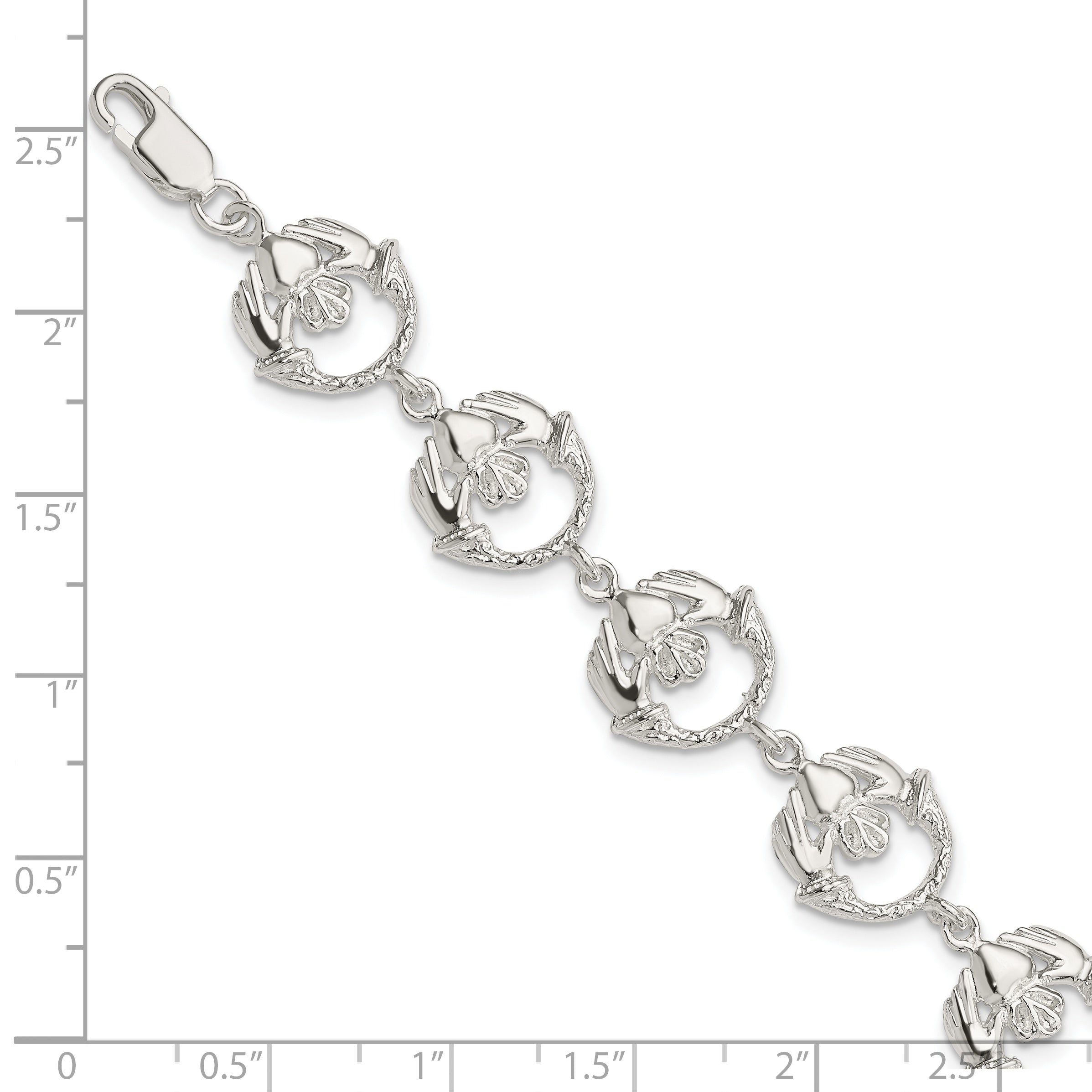 Sterling Silver Polished And Textured Claddagh Link 7 Inch Bracelet