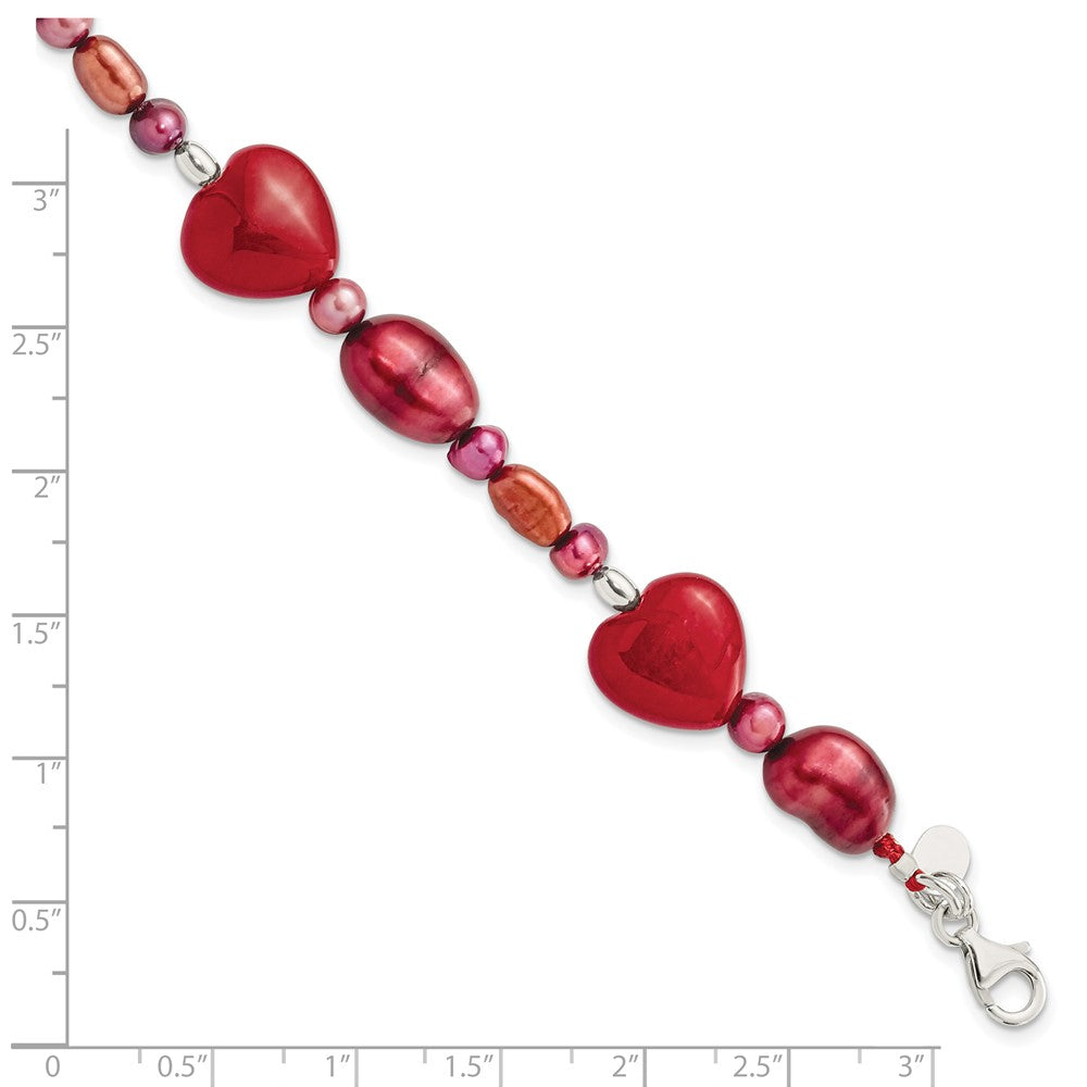 17 Inch Sterling Silver Red Jade Hearts/Fw Cultured Pearl Bracelet