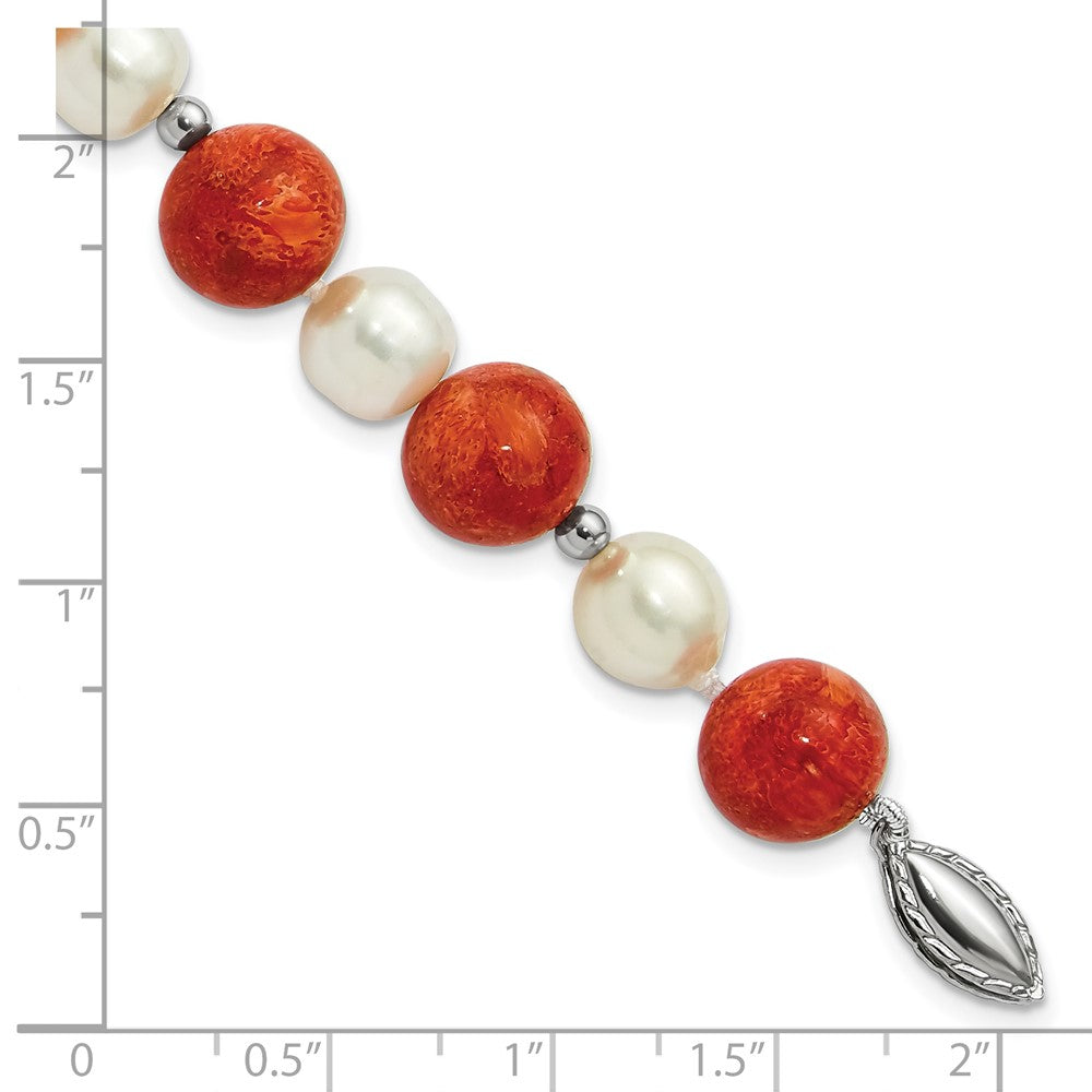 7.5 Inch Sterling Silver Fw Cultured Pearl/Stabilized Red Coral Bracelet