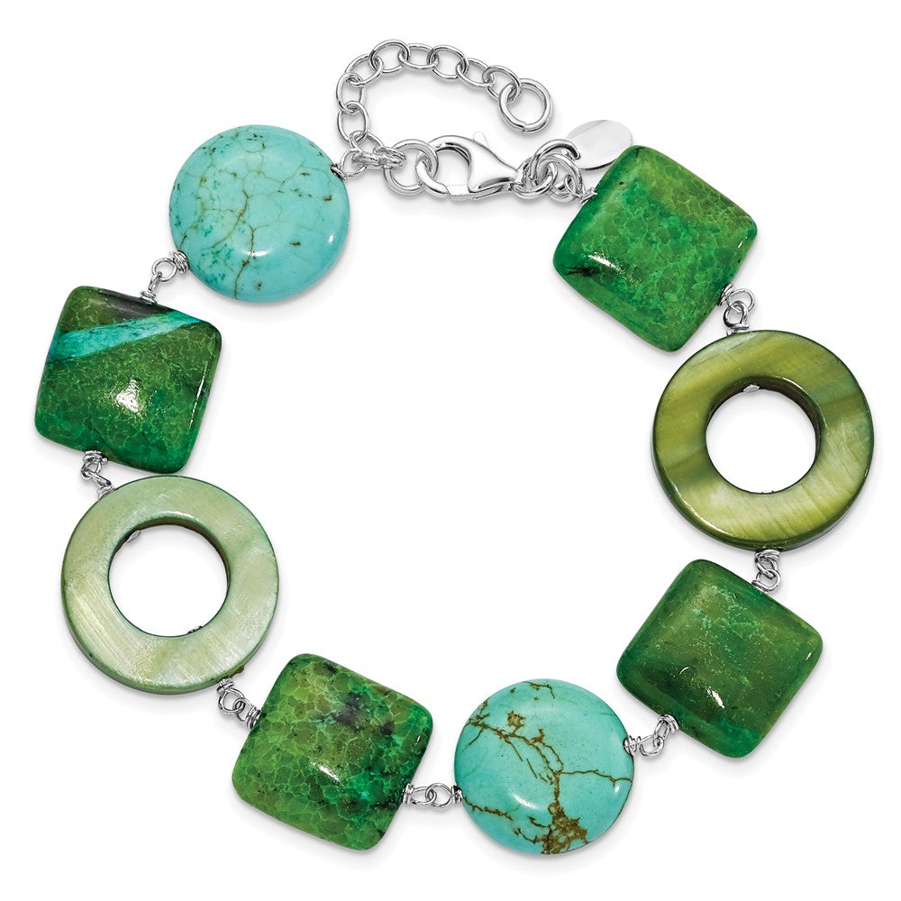 8.5 Inch Sterling Silver Chrysocolla, Dyed Howlite & Mother Of Pearl W/ 1.5In Ext Bracelet