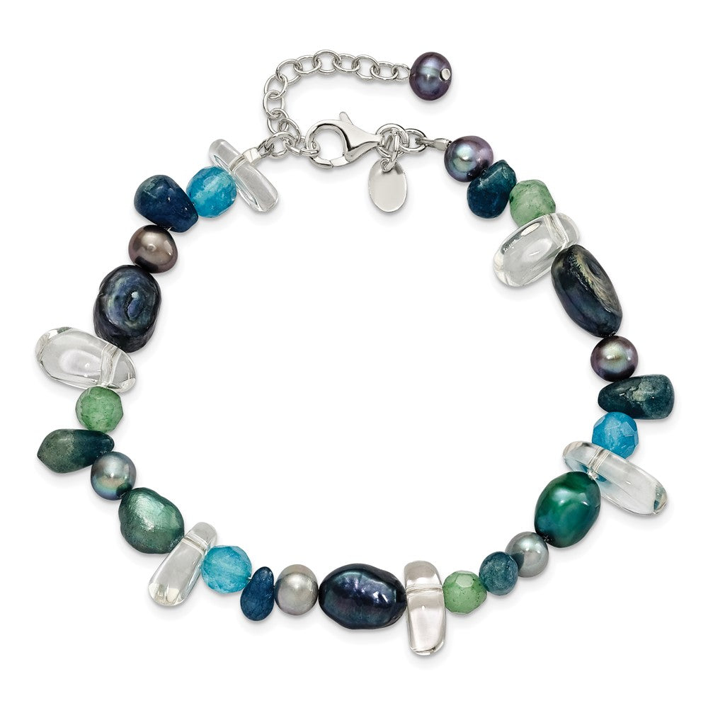7.75 Inch Sterling Silver Aventurine, Synthetic Blue Quartz/Fwc Pearl Bracelet