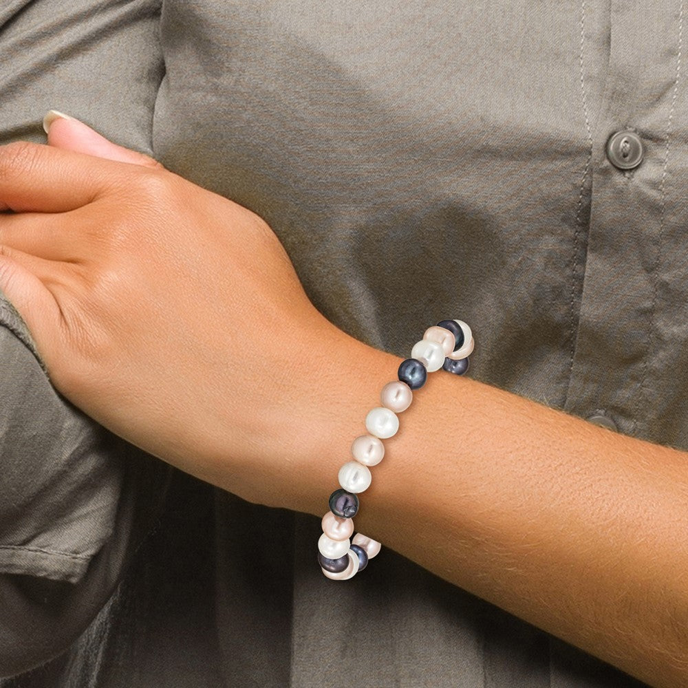 7.5 Inch 8-9mm Fw Cultured White/Peach/Black Pearl Stretch Bracelet
