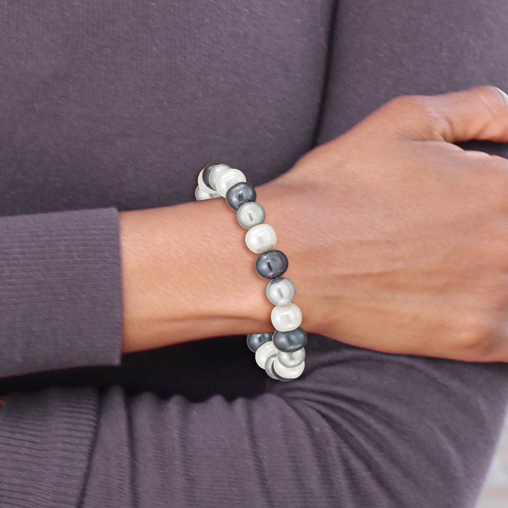 7.5 Inch 8-9mm Fw Cultured White/Platinum/Black Pearl Stretch Bracelet