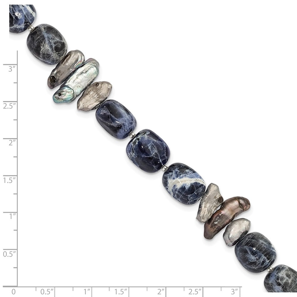 16 Inch Sterling Silver Sodalite/Grey Fw Cultured Pearl Bracelet